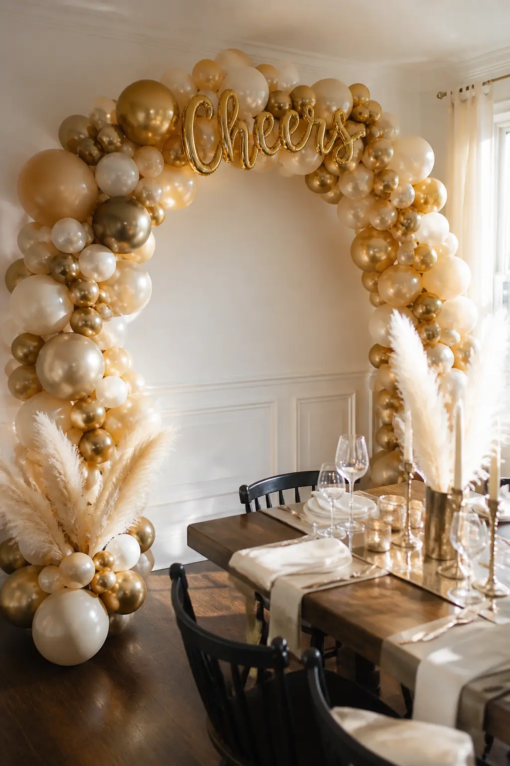 The Champagne-Toast Photo Arch — Gold chrome, champagne and white balloons form a full arch against the dining room's short wall, styled specifically as a