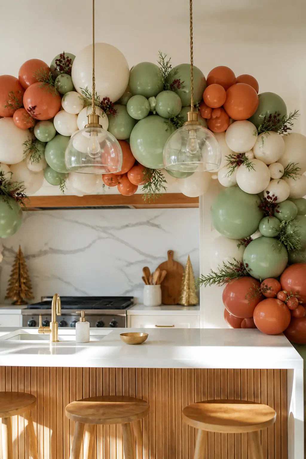 The Kitchen Island Organic Arch — An open-plan kitchen-living area almost always puts the tree in the living zone. Christmas balloon arch