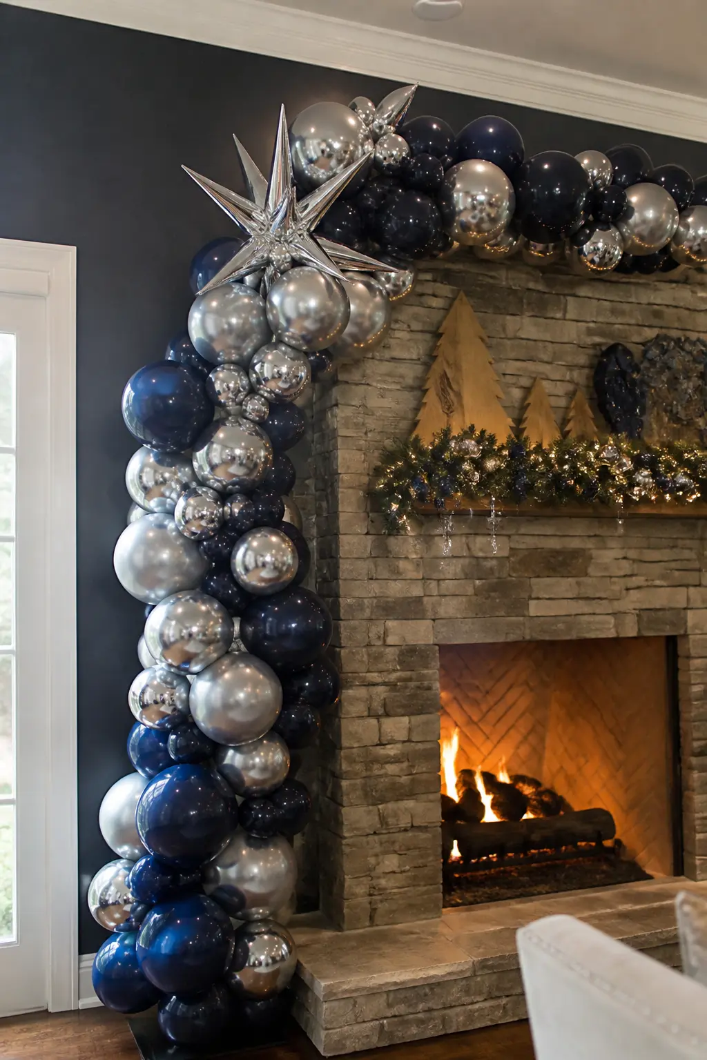 The Midnight Blue and Silver Mantle Arch — When the tree is decorated in warm red and gold, a cool-toned mantle arch creates contrast that actually relieves