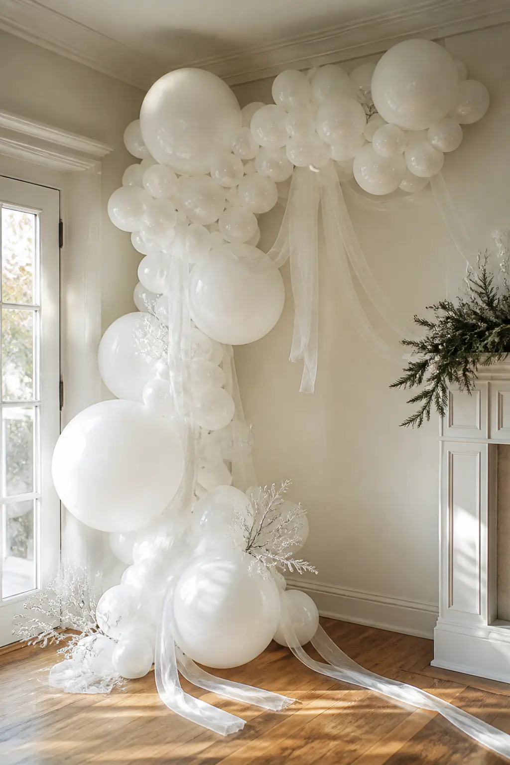 The Monochrome Flocked Corner Arch — All white. Christmas balloon arch