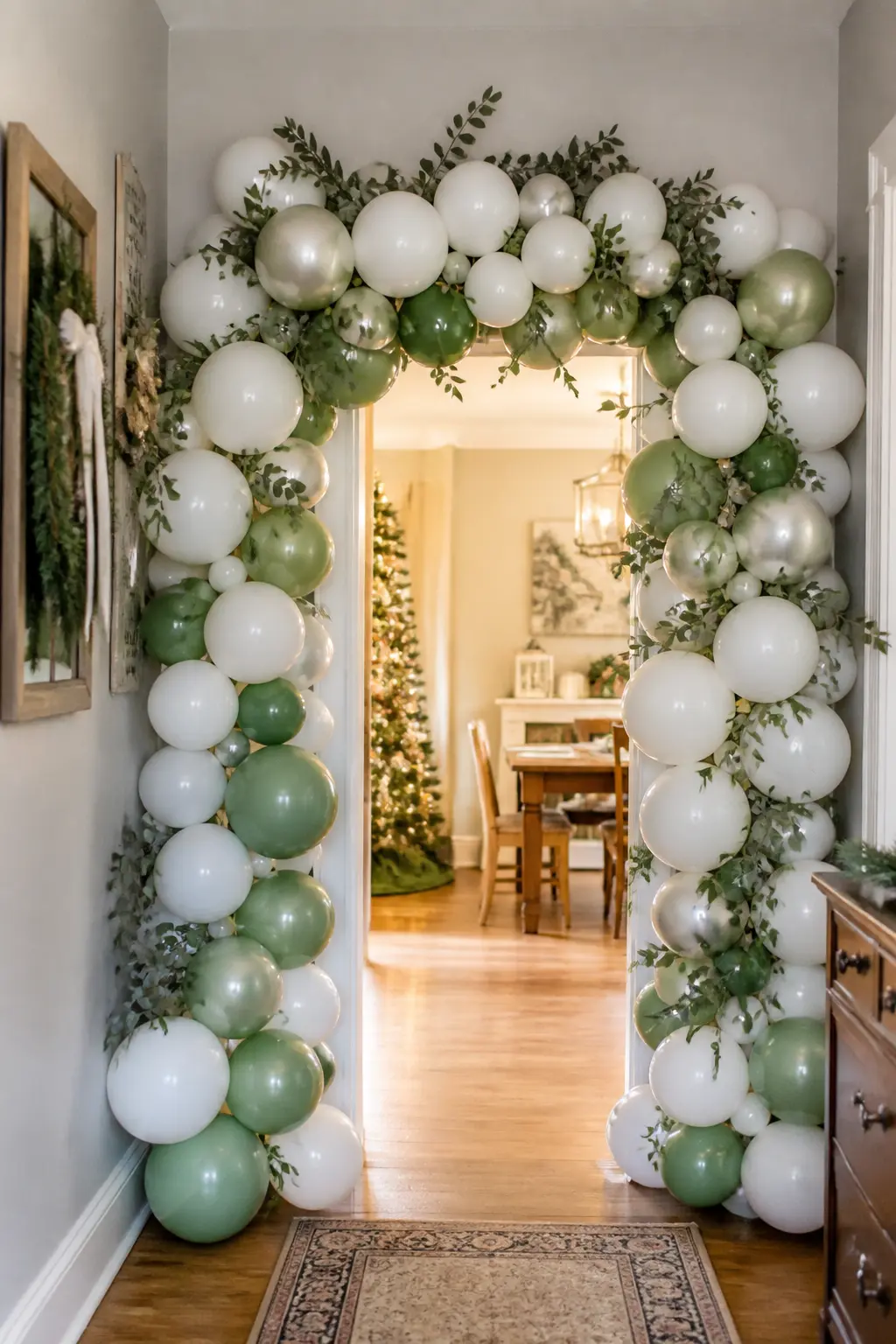The Snow-and-Spruce Doorway Arch — White and pale sage balloons, with clusters of deep forest green mixed in at the crown, form the arch across an interior
