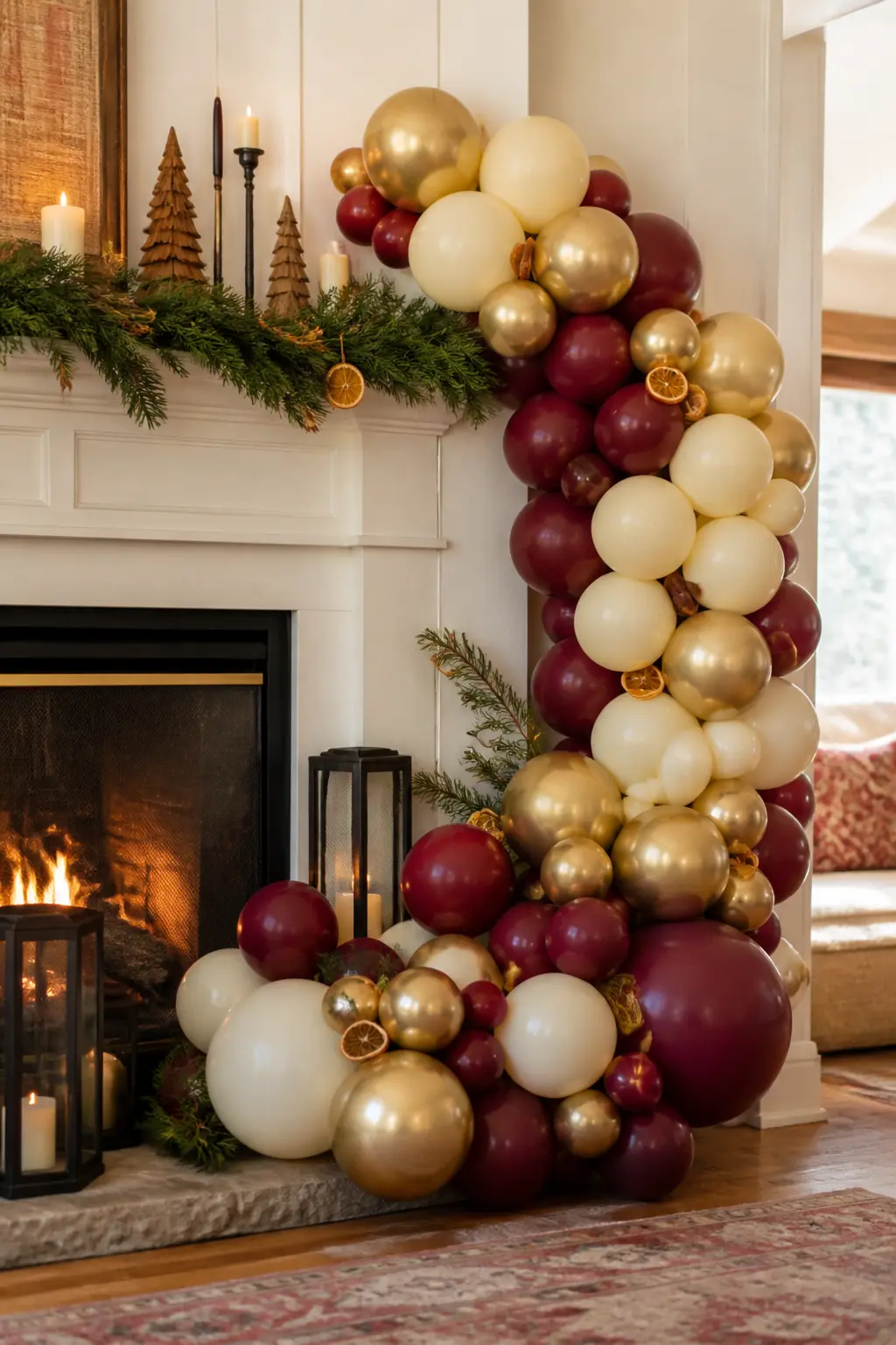 The Velvet-and-Cream Mantle Half-Arch — A half-arch (one side only, rising from the floor on the left of the fireplace to the top corner of the mantle) in deep