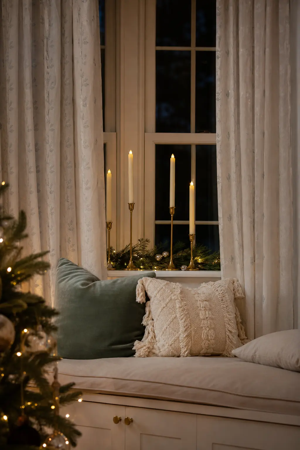 Flameless Tapers in a Window With a Curtain Nearby