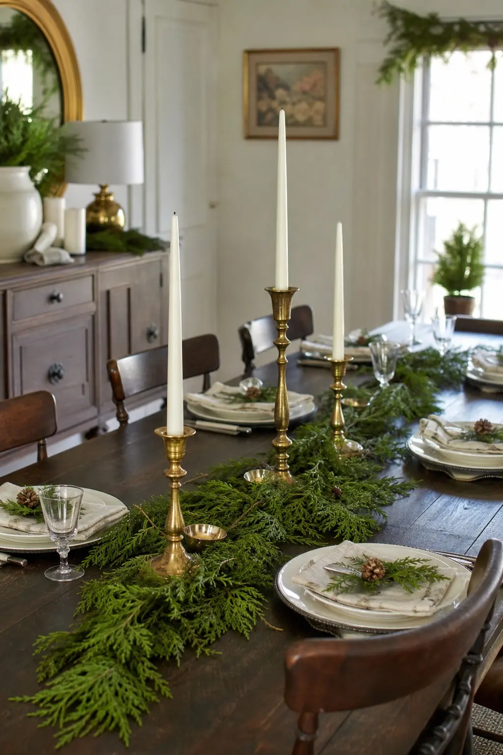 Tapers in Tall Holders With the Greenery at the Base
