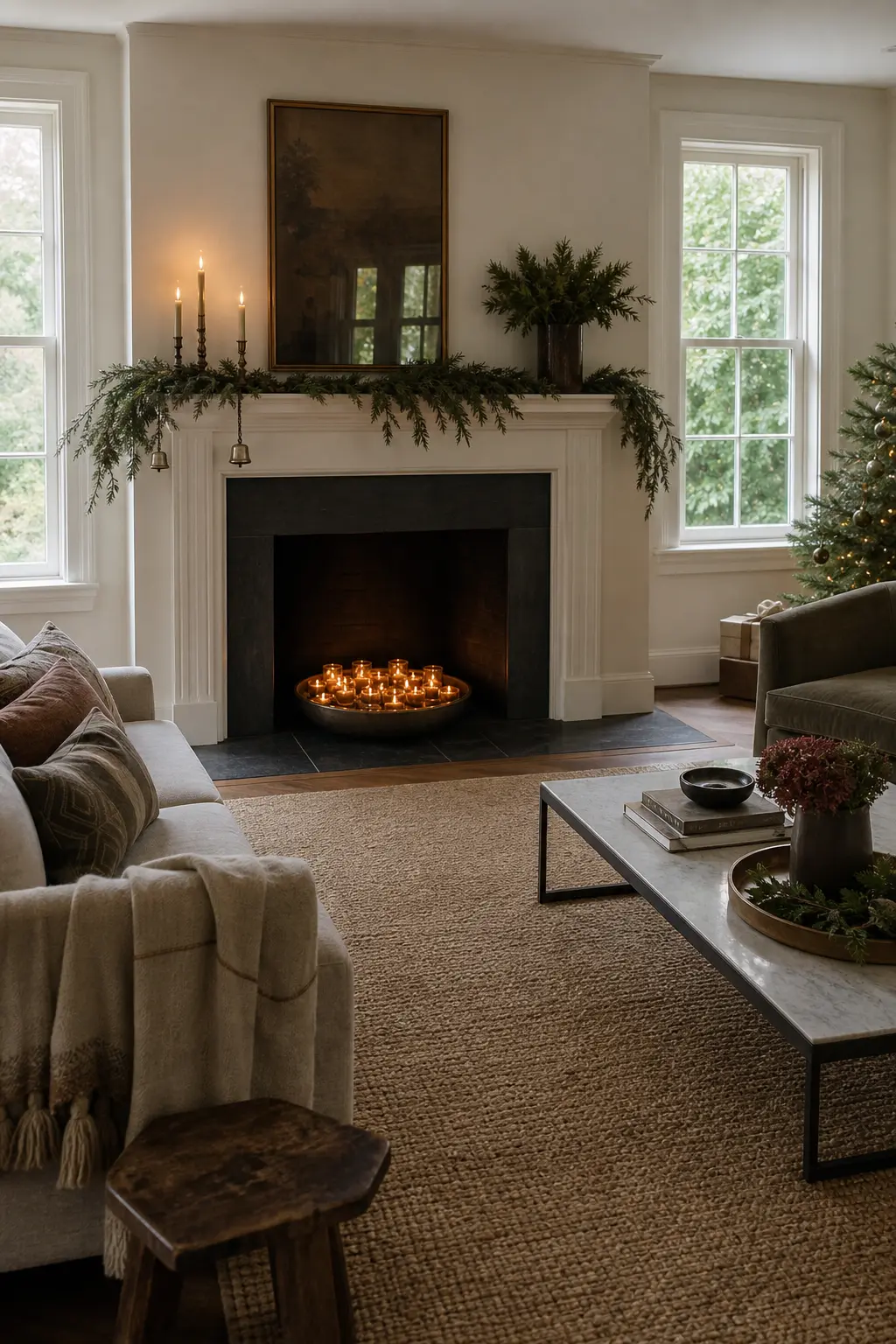 A Low Bowl of Tealights on the Hearth