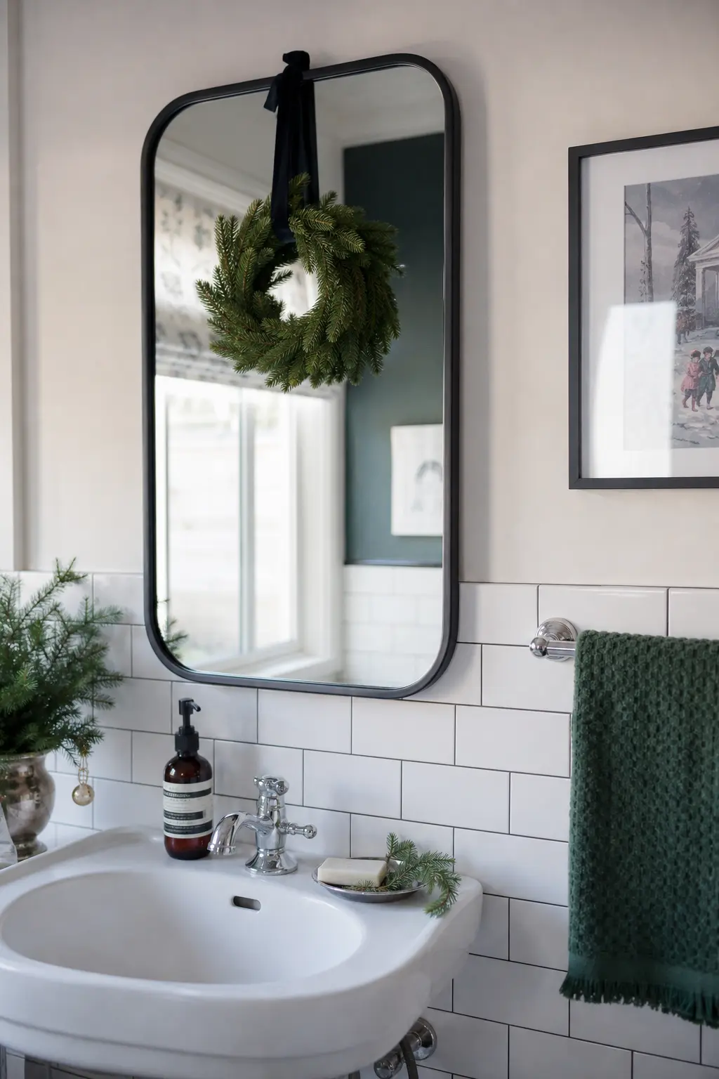 Bathroom Mirror Wreath, Greenery on the Soap Tray, and Hand Towel Swap