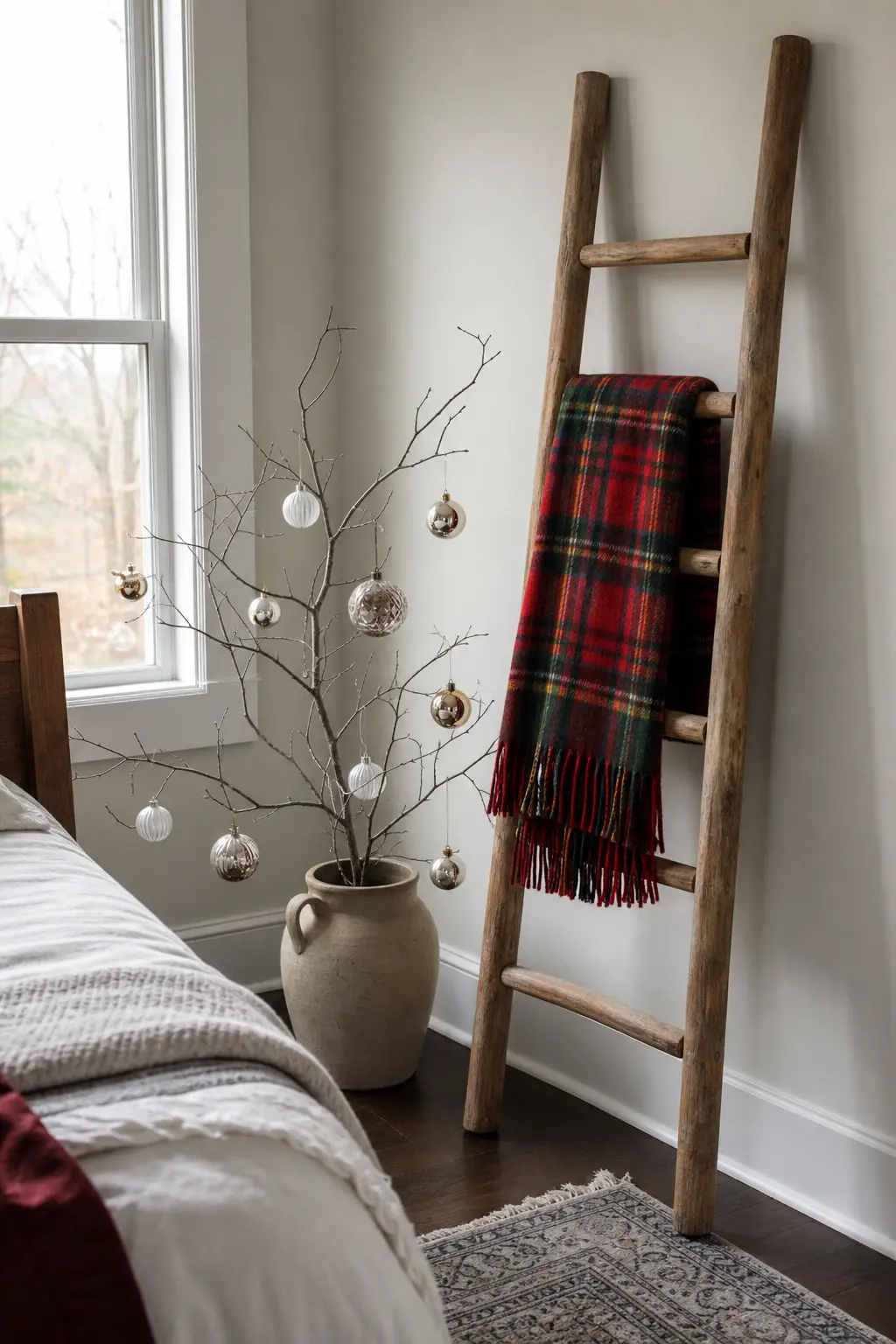 Blanket Ladder With Tartan Throw and Bare Branch Vase