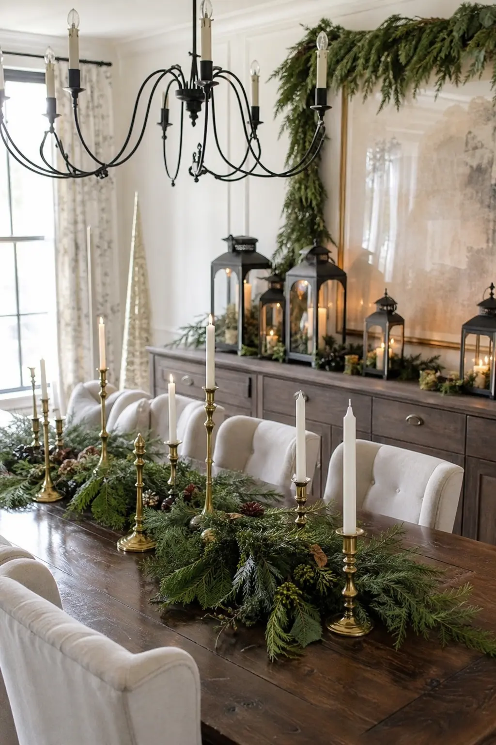 Cedar Runner, Brass Candlesticks, and Lantern Sideboard