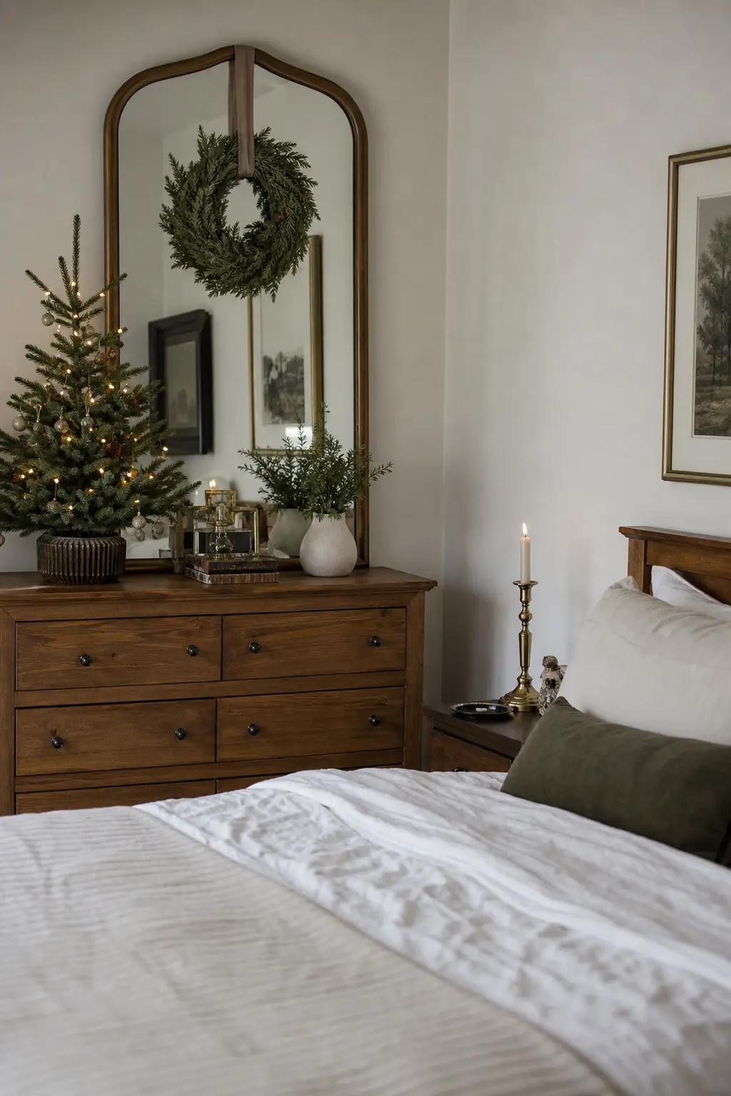 Small Bedroom Tree, Bedside Candle, and Wreath Over Mirror