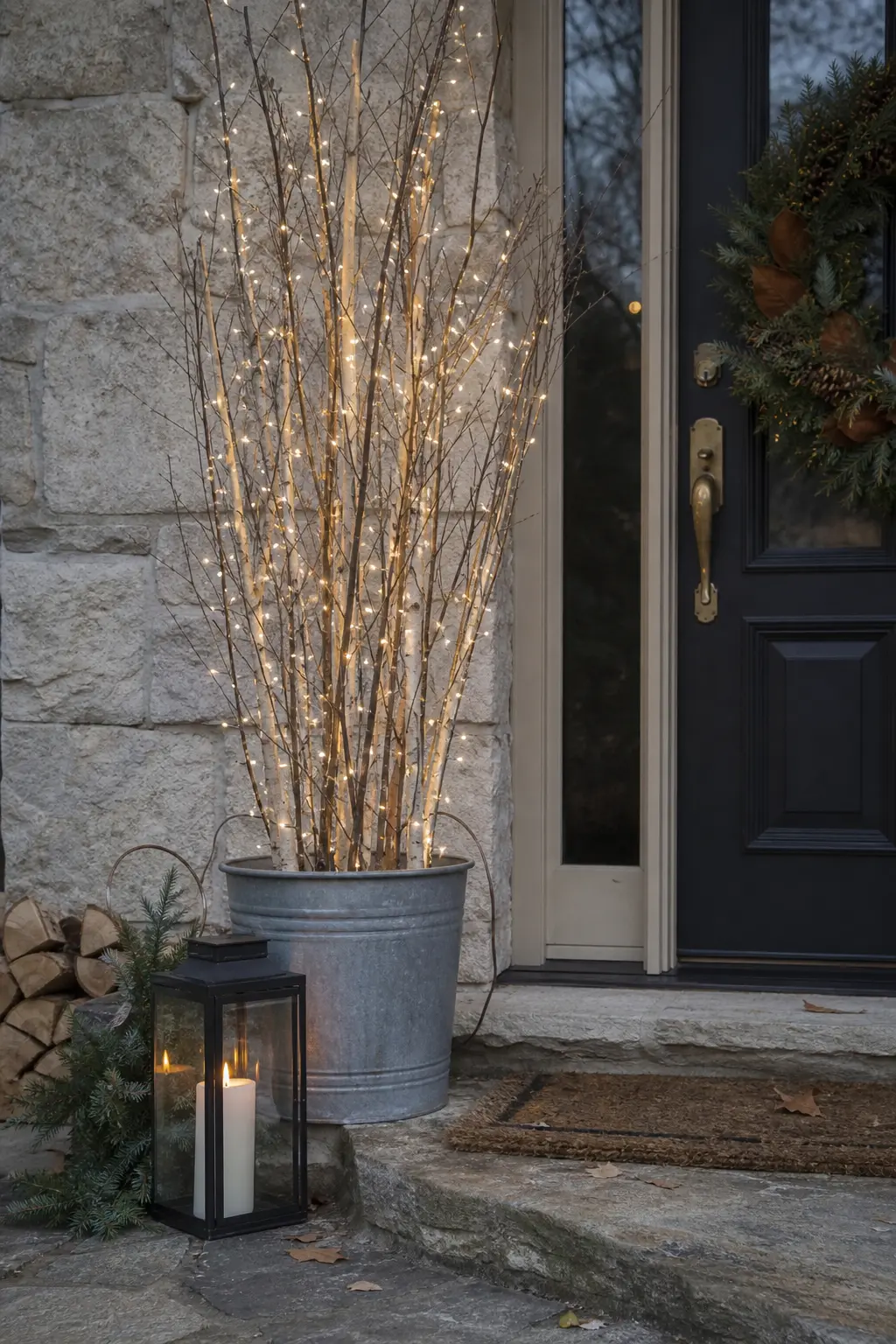 Pot of Branches with Lights