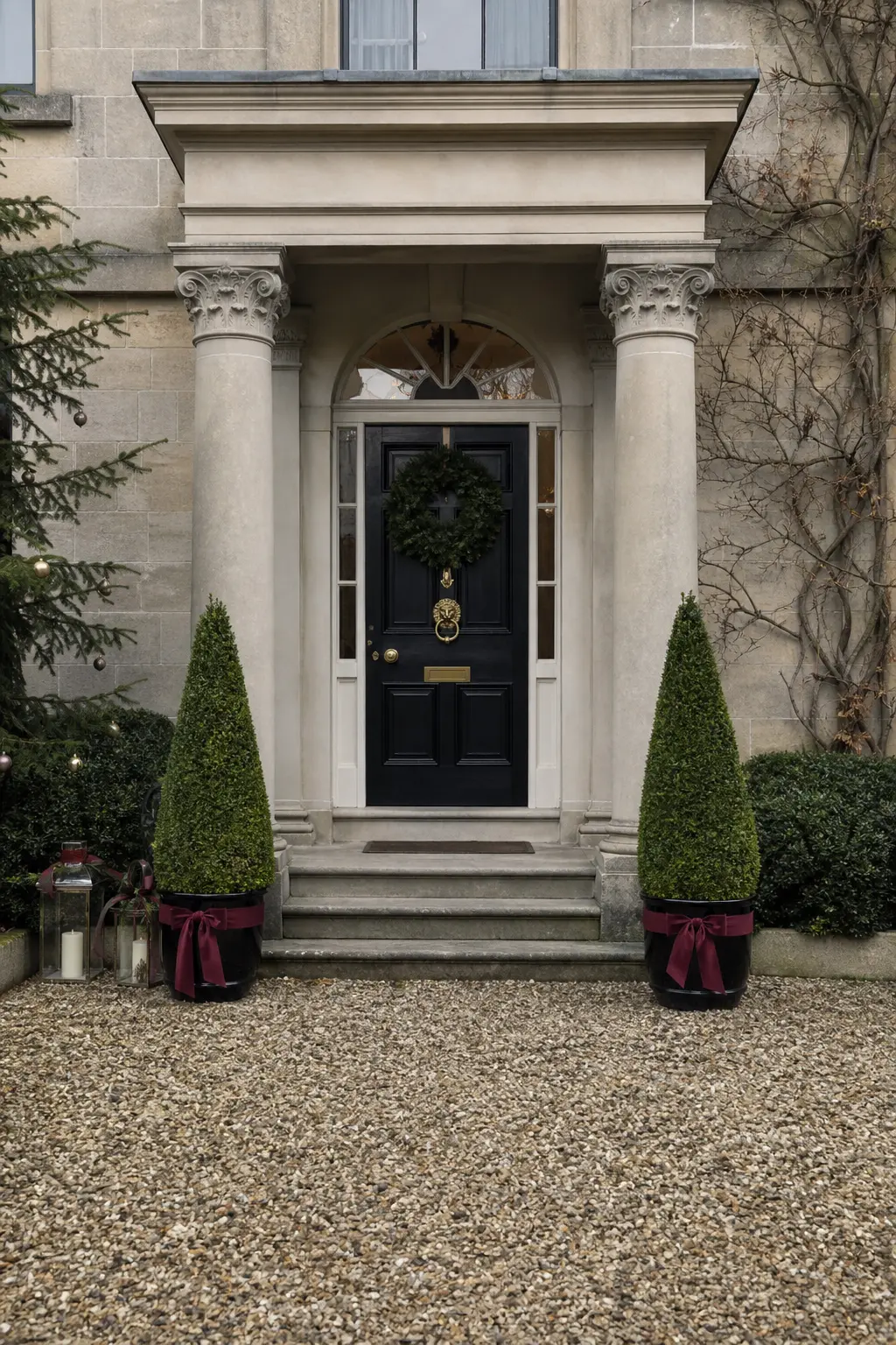 Potted Evergreens Either Side