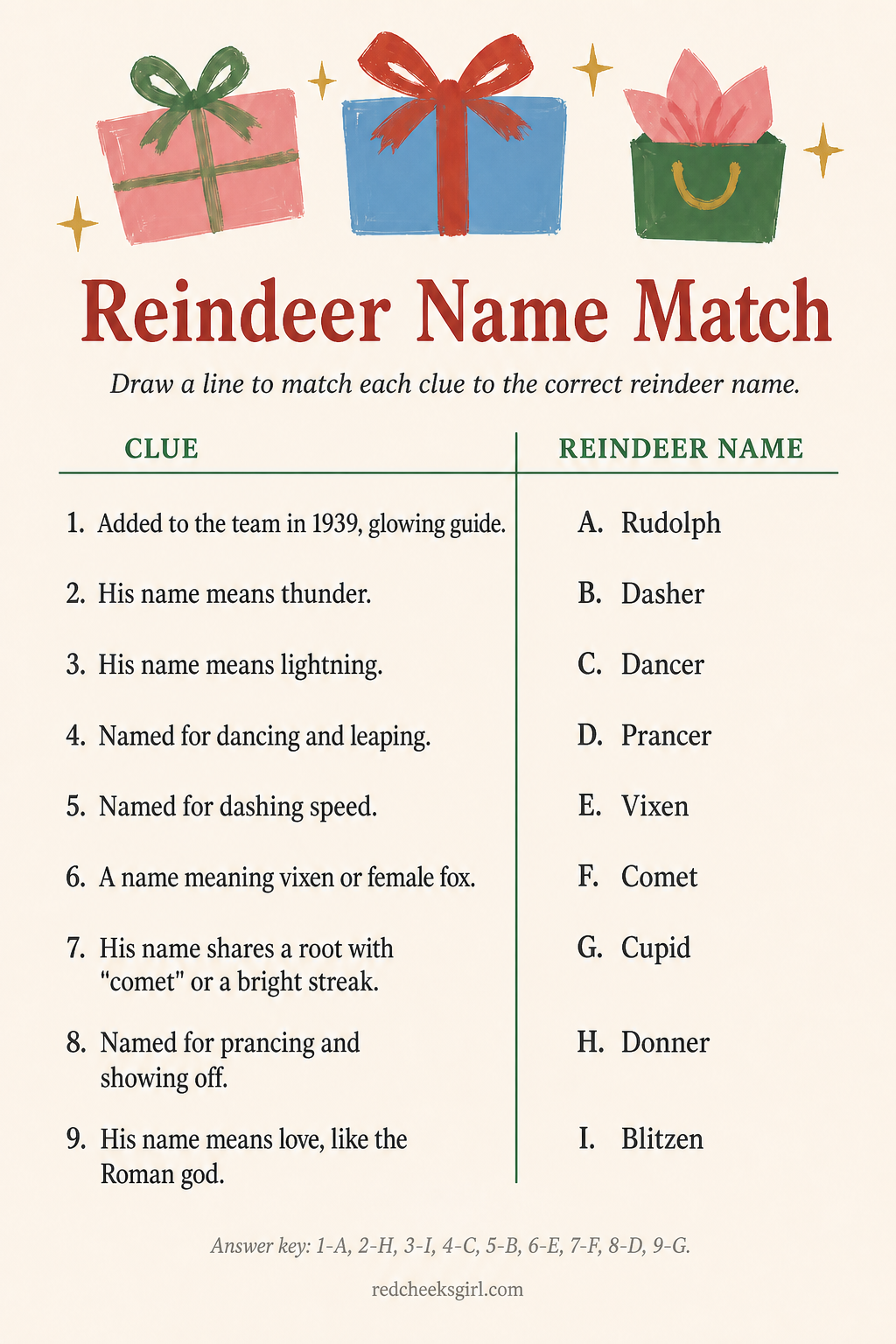 Reindeer Name Match printable