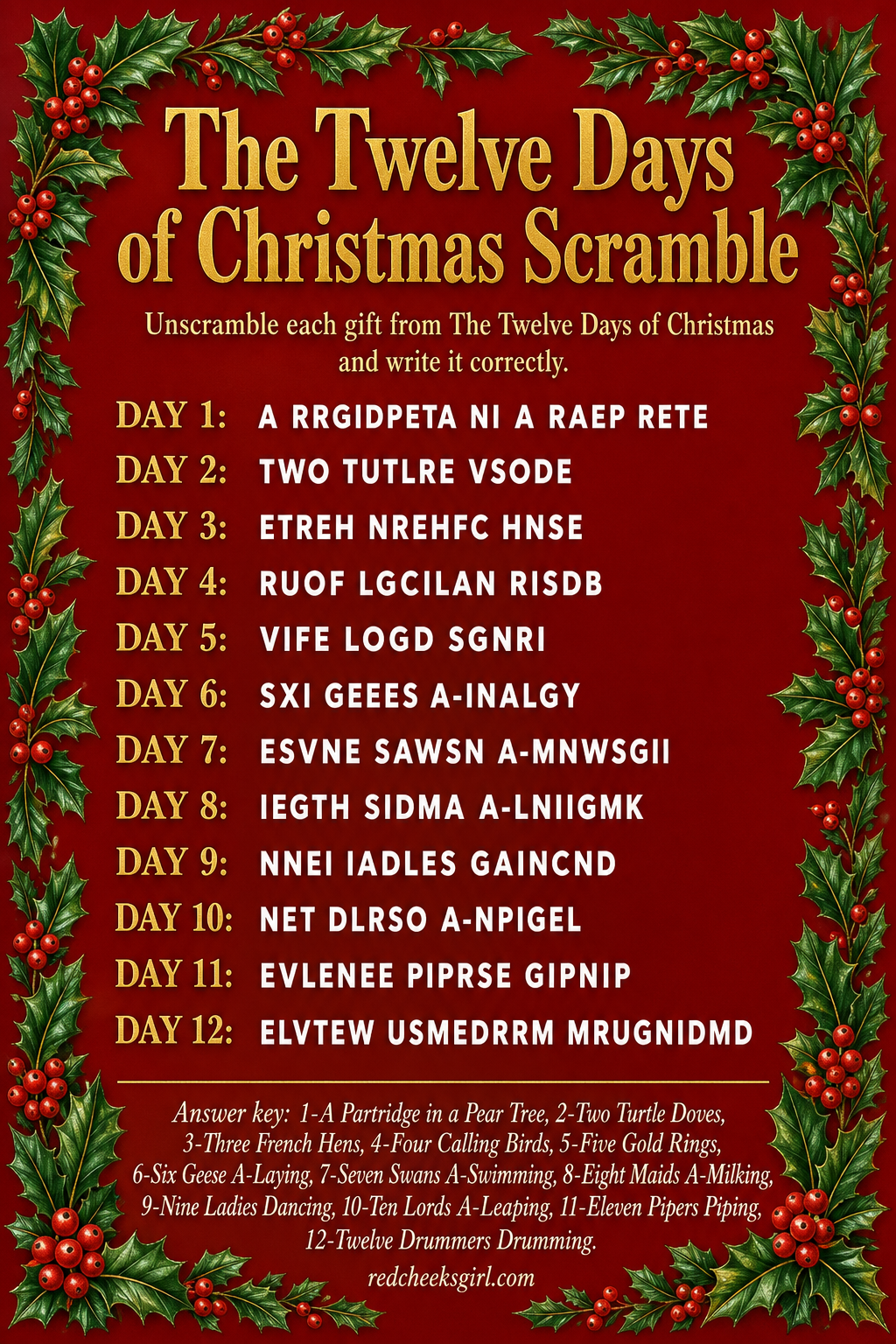 The Twelve Days of Christmas Scramble printable