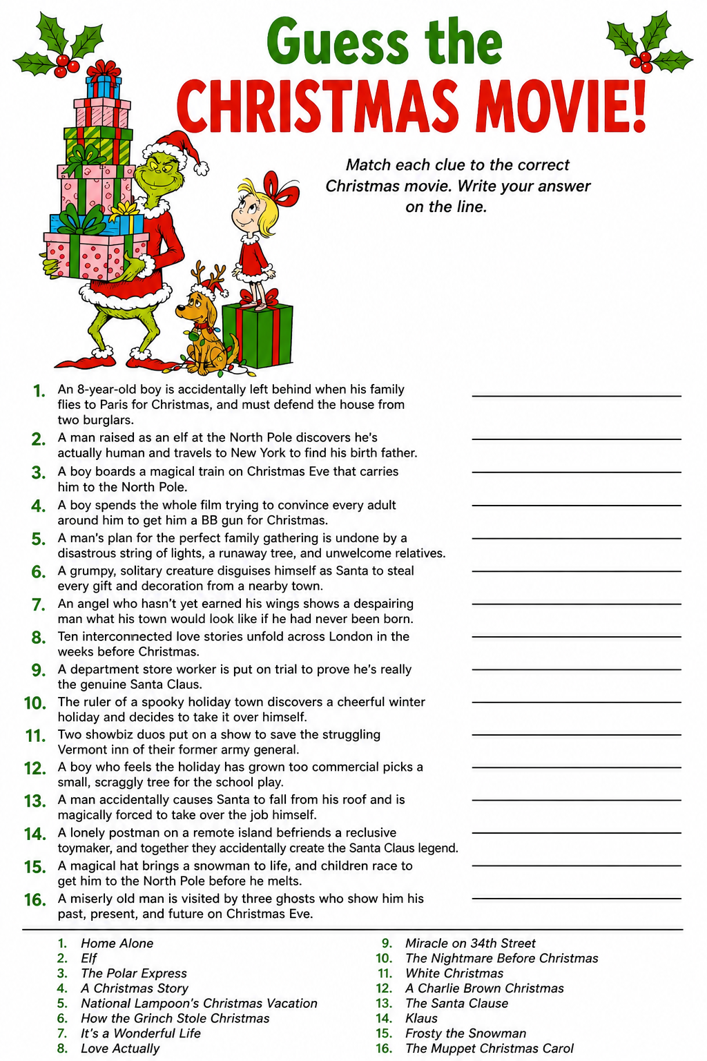 Guess the Christmas Movie Sheet printable