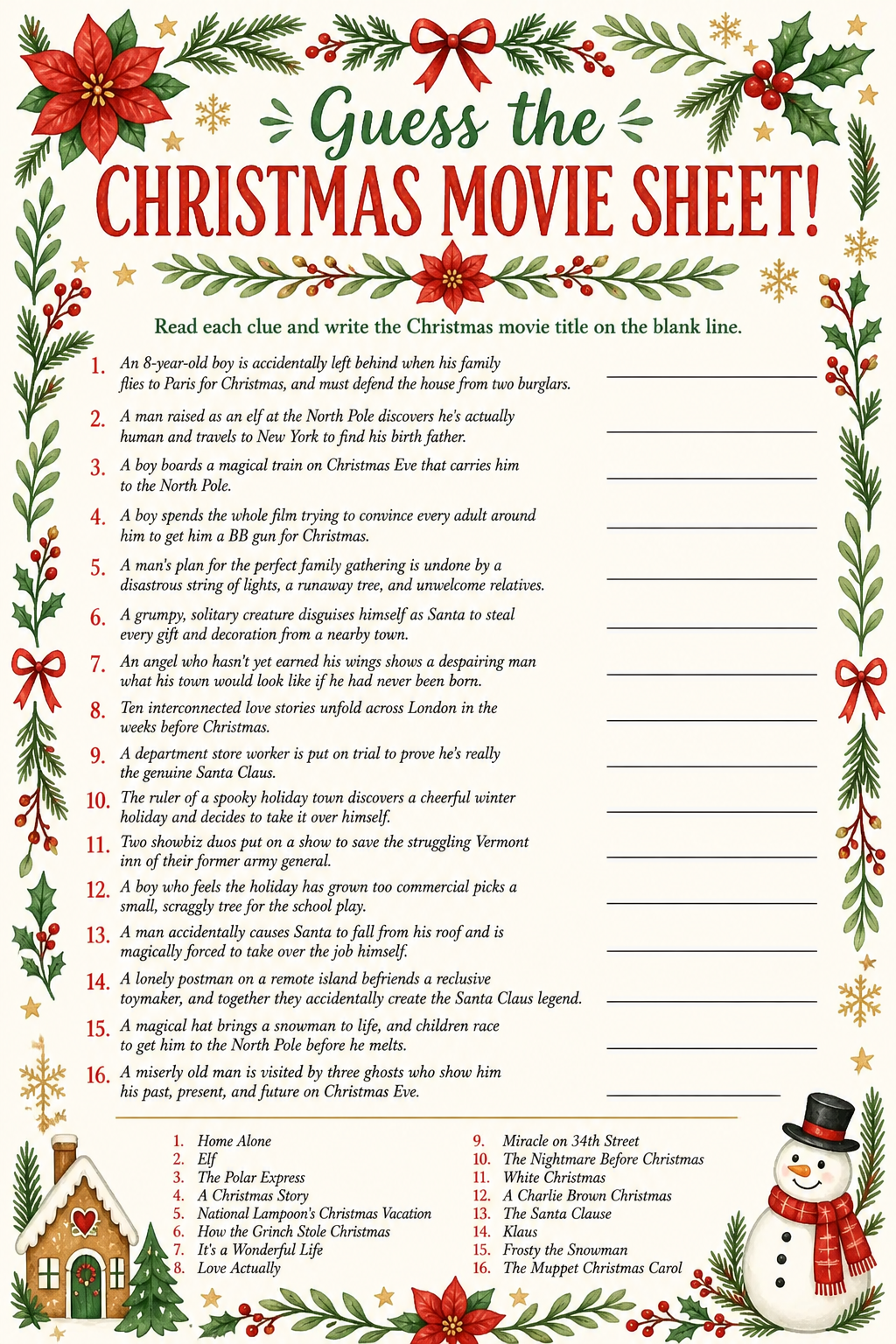Guess the Christmas Movie Sheet printable
