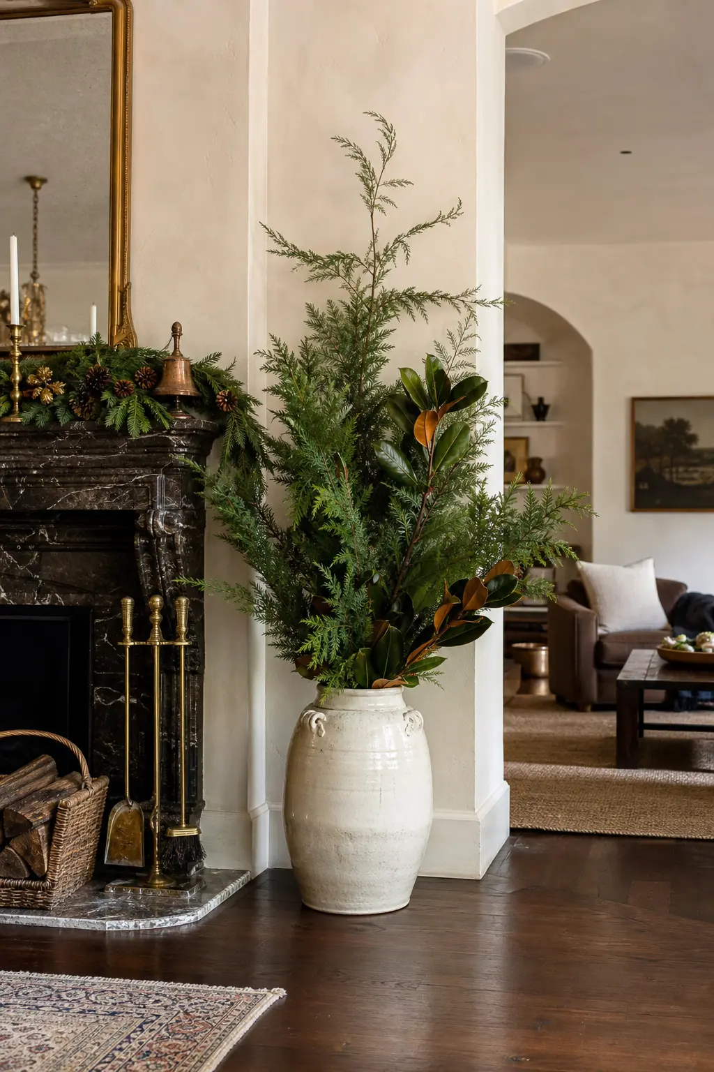 Greenery in a Raised Urn Beside the Fireplace