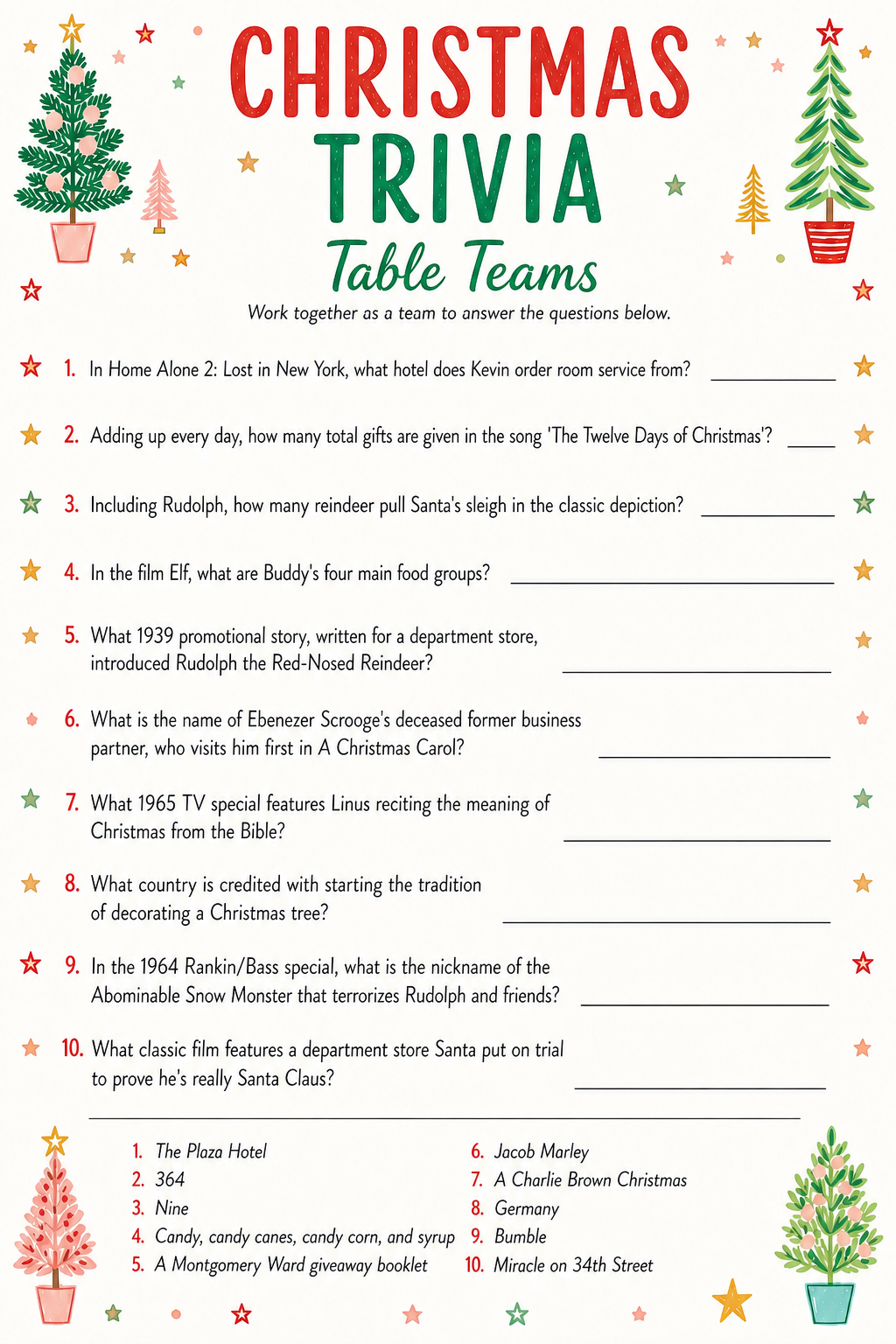 Christmas Trivia Table Teams printable