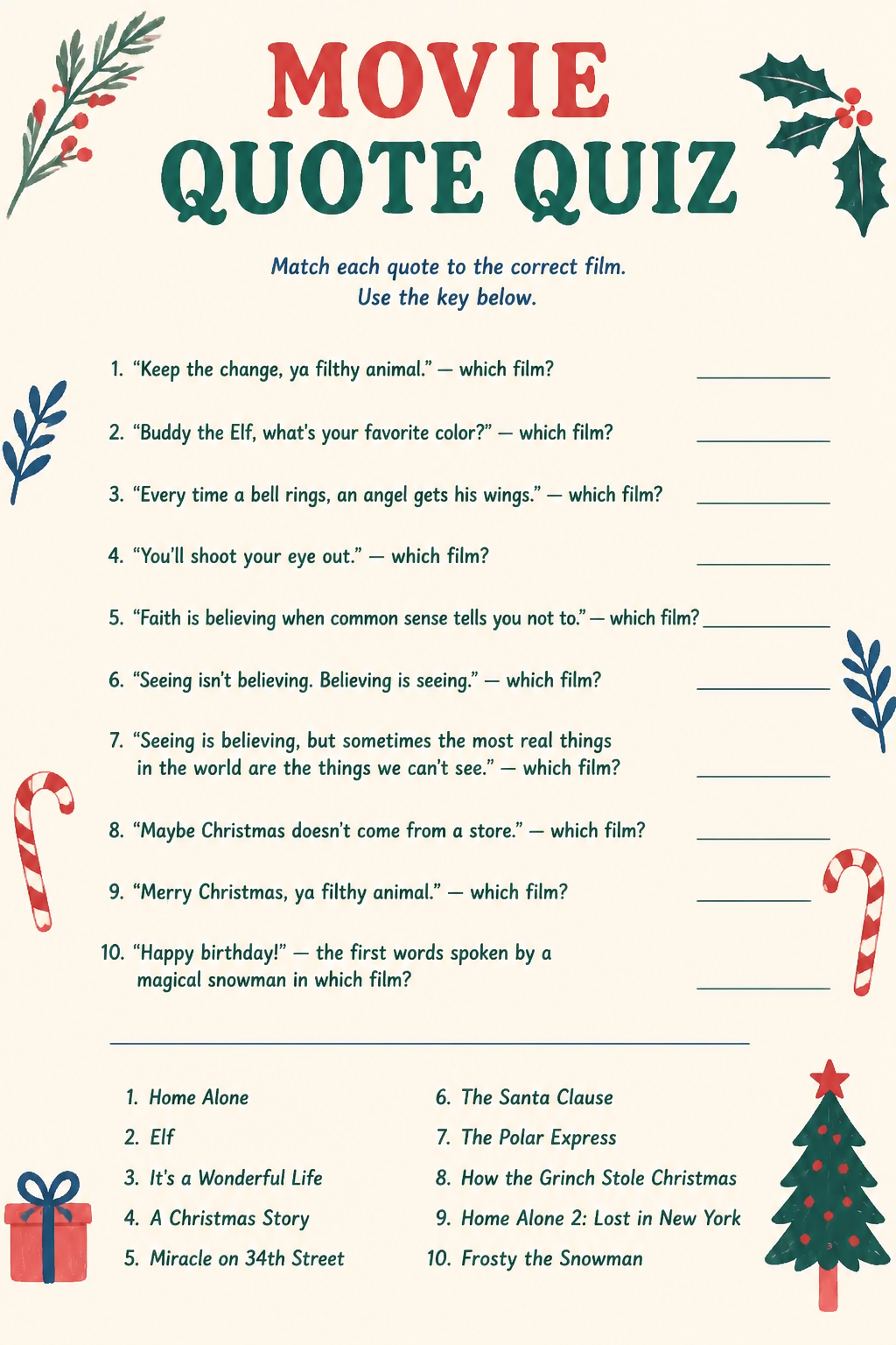 Movie Quote Quiz printable