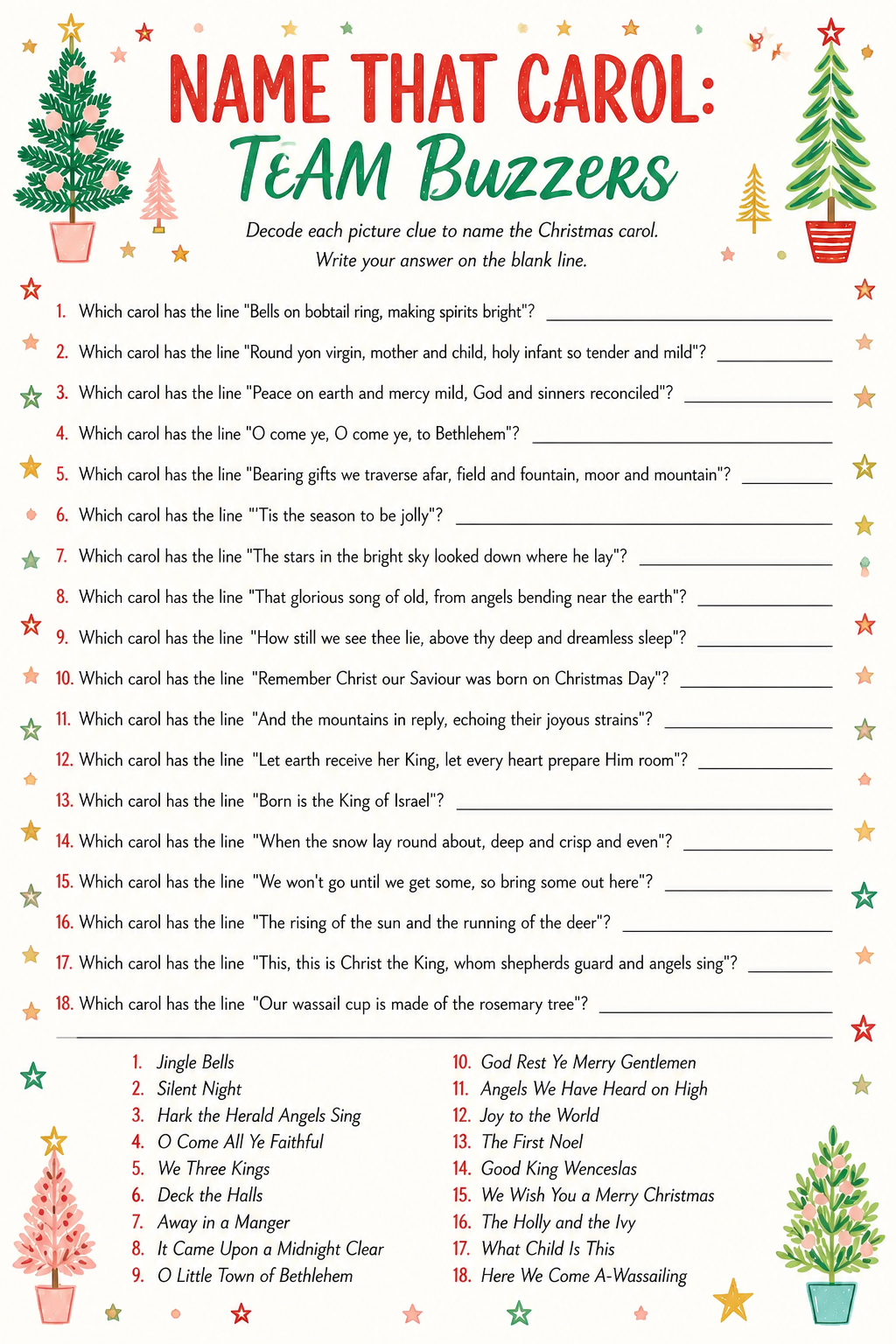 Name That Carol: Team Buzzers printable