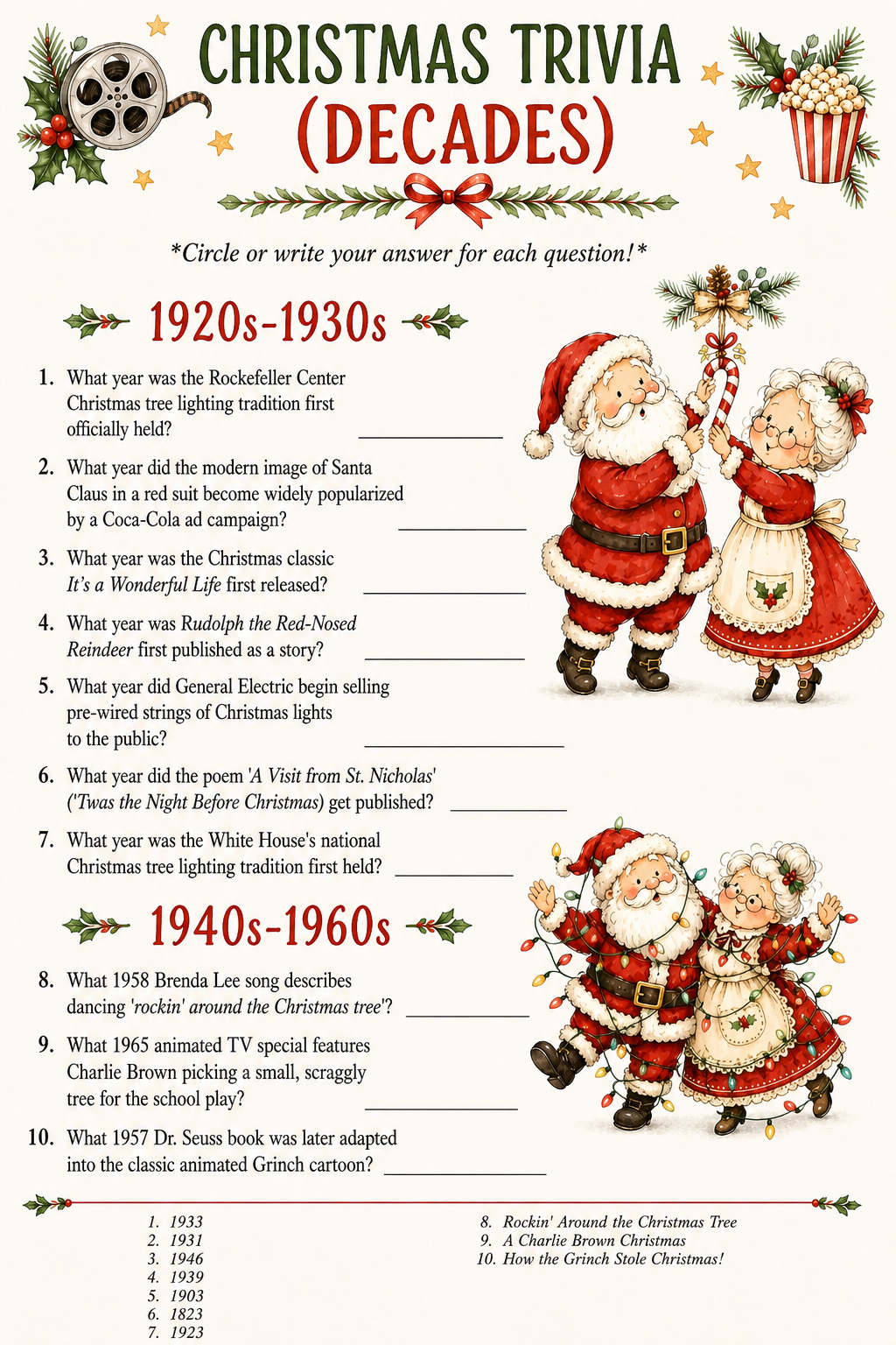 Christmas Trivia (Decades) printable