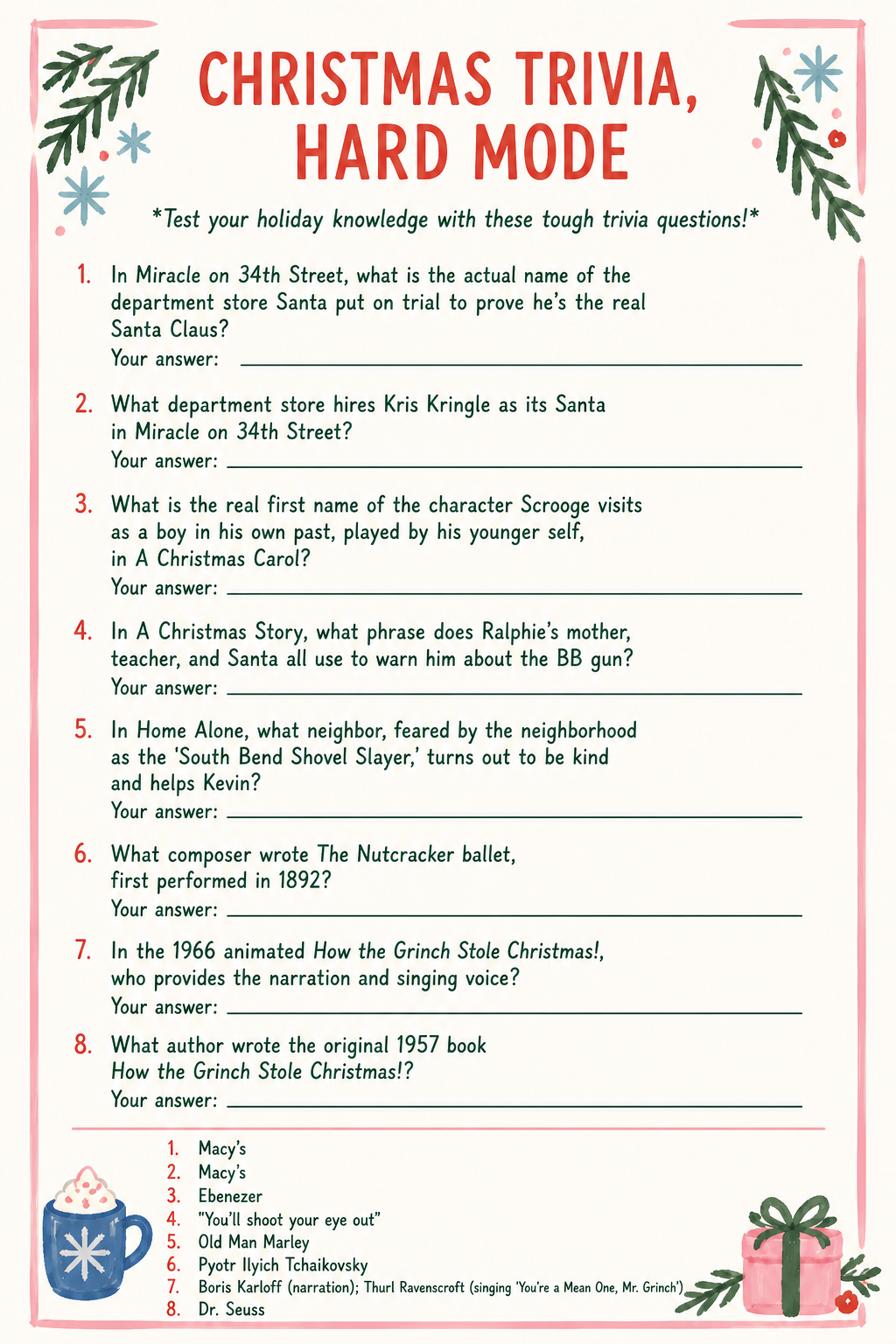 Christmas Trivia, Hard Mode printable
