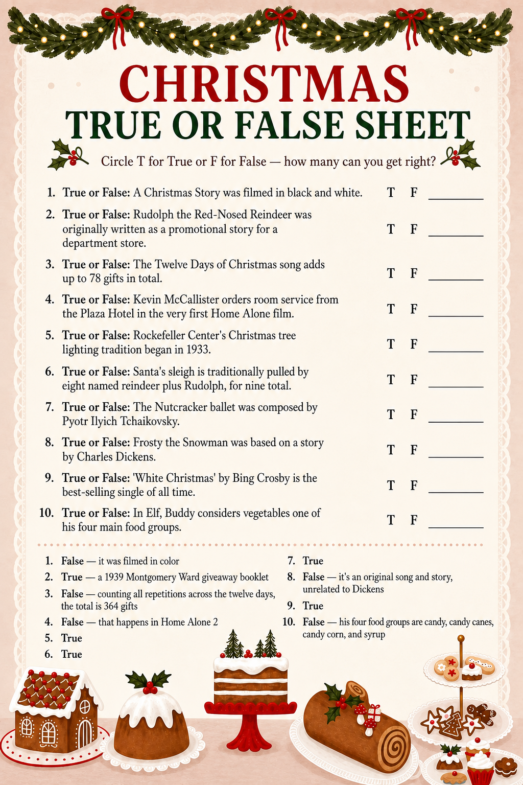 Christmas True or False Sheet printable