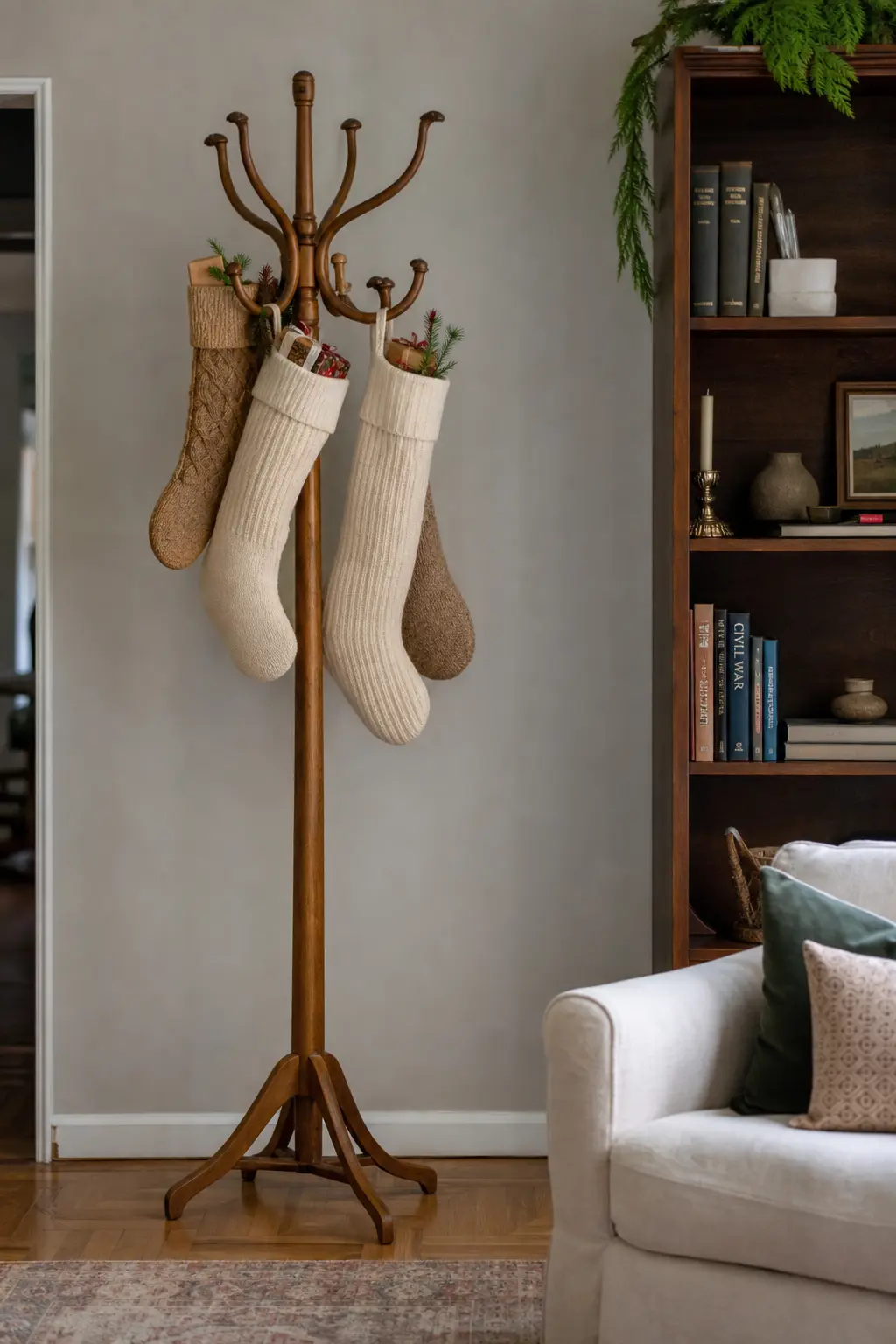 A Coat Rack Used as a Stocking Rail