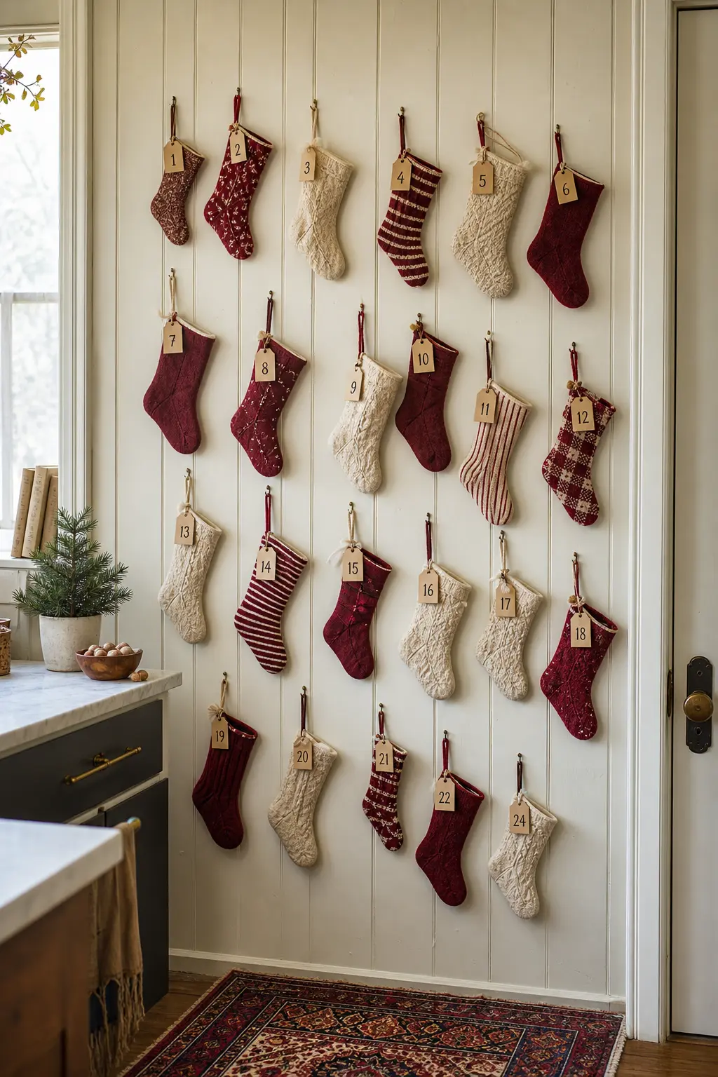A Wall of Small Stockings as an Advent Row