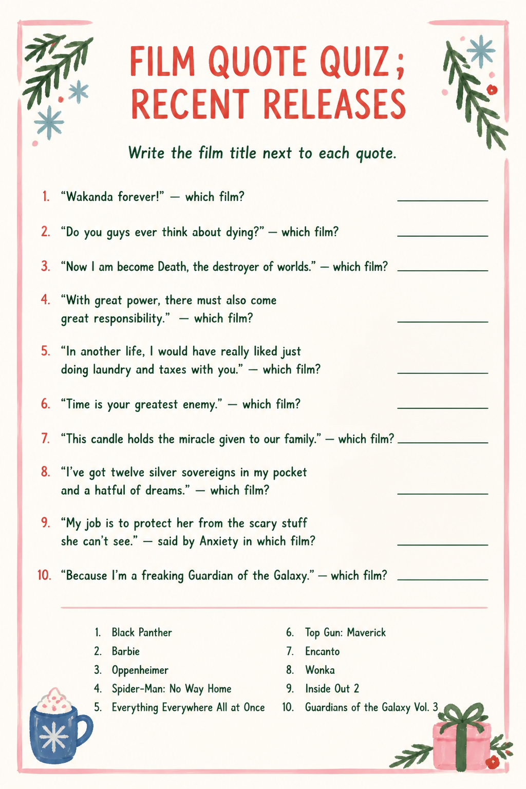 Film Quote Quiz, Recent Releases printable