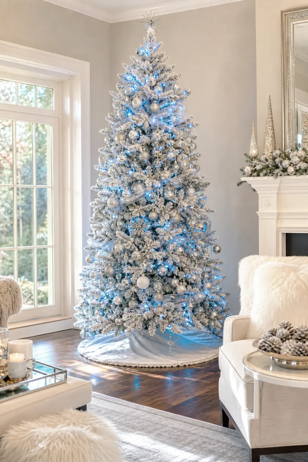 All White Winter Wonderland — A flocked white tree with only silver and pale blue ornaments is the calmest, most photogenic version of the classic winter