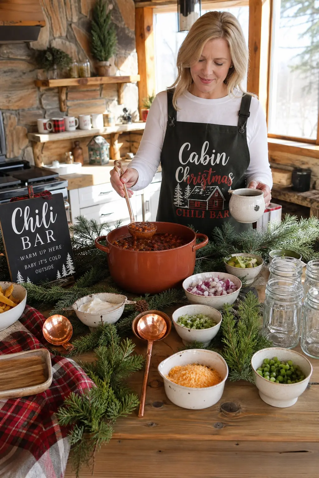 Cabin Christmas Chili Bar — One pot of chili, a row of toppings and a stack of mason jar mugs turn the kitchen island into the whole party. Christmas party