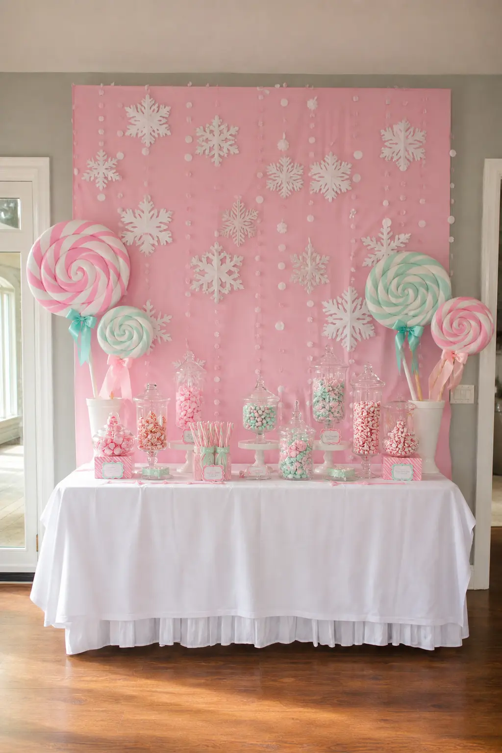 Candy Land Sweet Shop Christmas — Jars of striped candy and oversized lollipops turn the dessert table into the whole decoration. Christmas party ideas theme