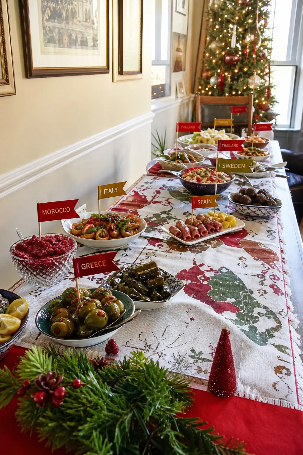 Christmas Around the World Tasting Table — Ask each guest to bring one dish from a country or culture that means something to them, labelled with a small flag
