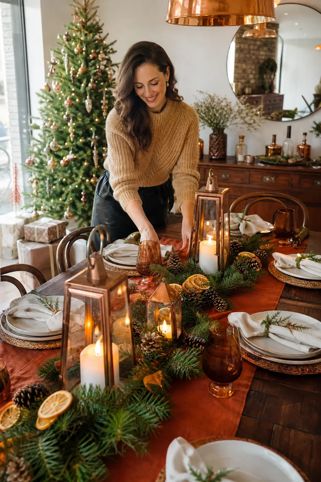 Copper and Rust Harvest Christmas — Copper lanterns and dried orange slices bring a warmer, more autumnal palette to the usual Christmas colour set. Christmas