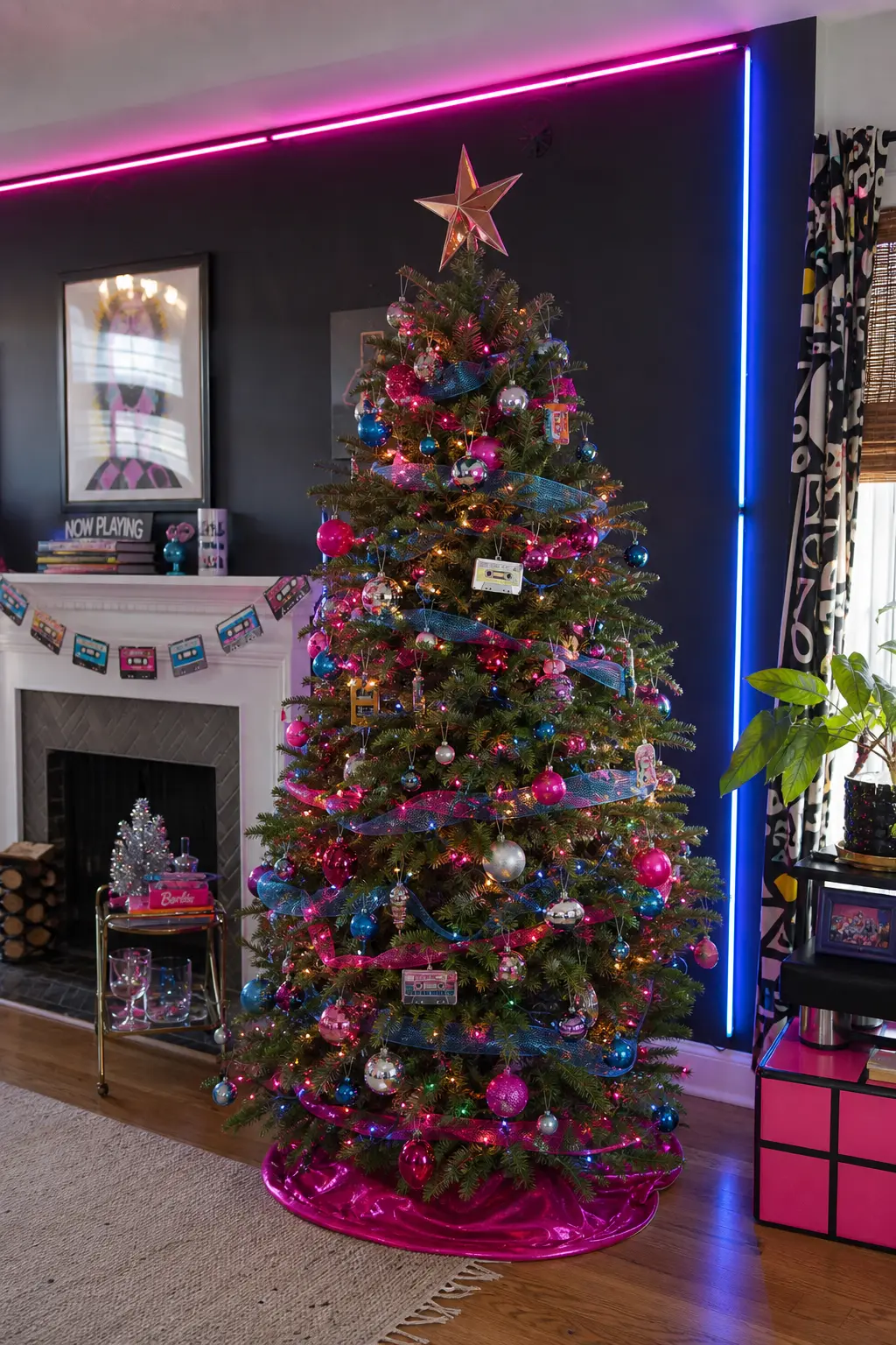 Eighties Neon Christmas — Neon strip lights against a dark wall replace the usual white fairy lights for something louder and more playful. Christmas party