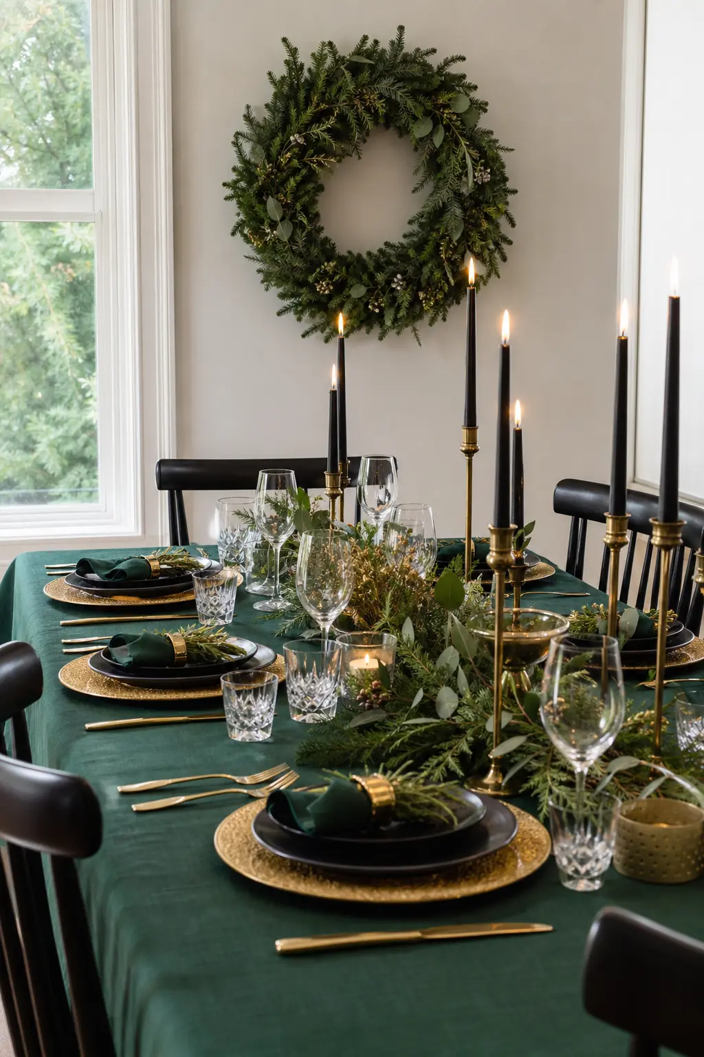 Emerald and Gold Dinner Party — Emerald linen and black candles against gold chargers make a formal table feel current rather than traditional. Christmas party