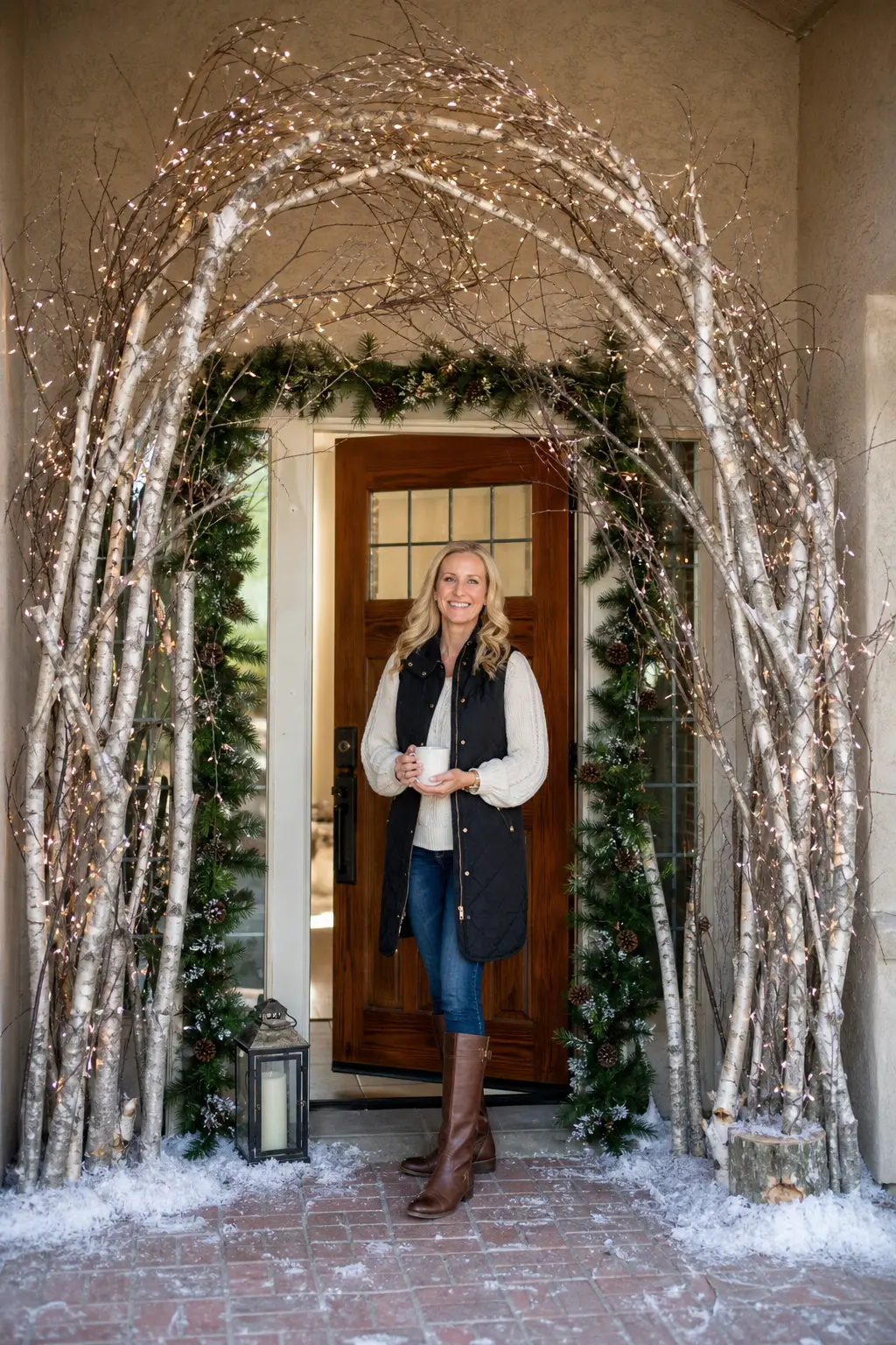 Enchanted Winter Forest — Bare branches wrapped in fairy lights over the entryway is one of the season's trendier looks right now, since the enchanted forest