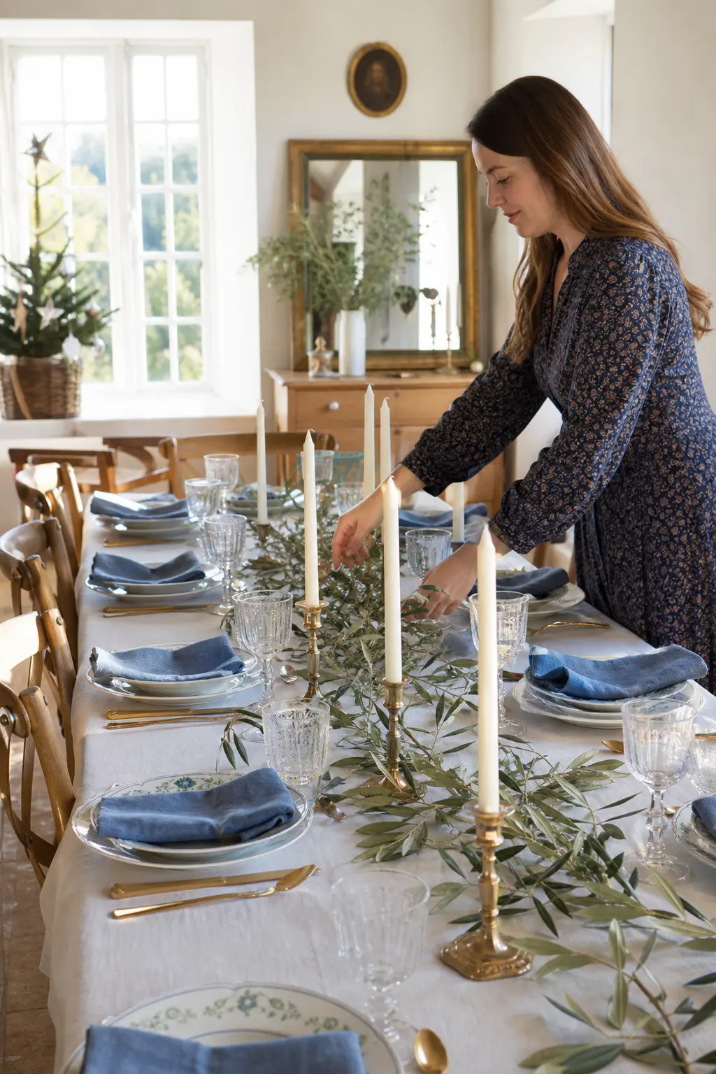 French Countryside Christmas — Olive branches down the table runner and brass candle holders bring a rustic, Old World feel without a single plane ticket.