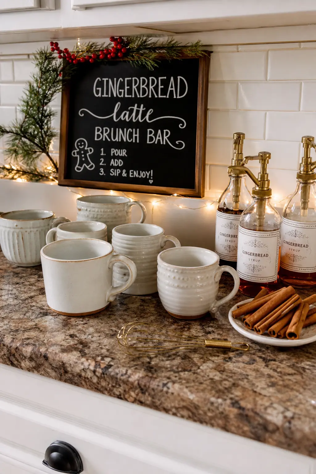 Gingerbread Latte Brunch Bar — A row of mugs and a bottle of gingerbread syrup on the kitchen counter is the whole setup, no barista skills required. Christmas