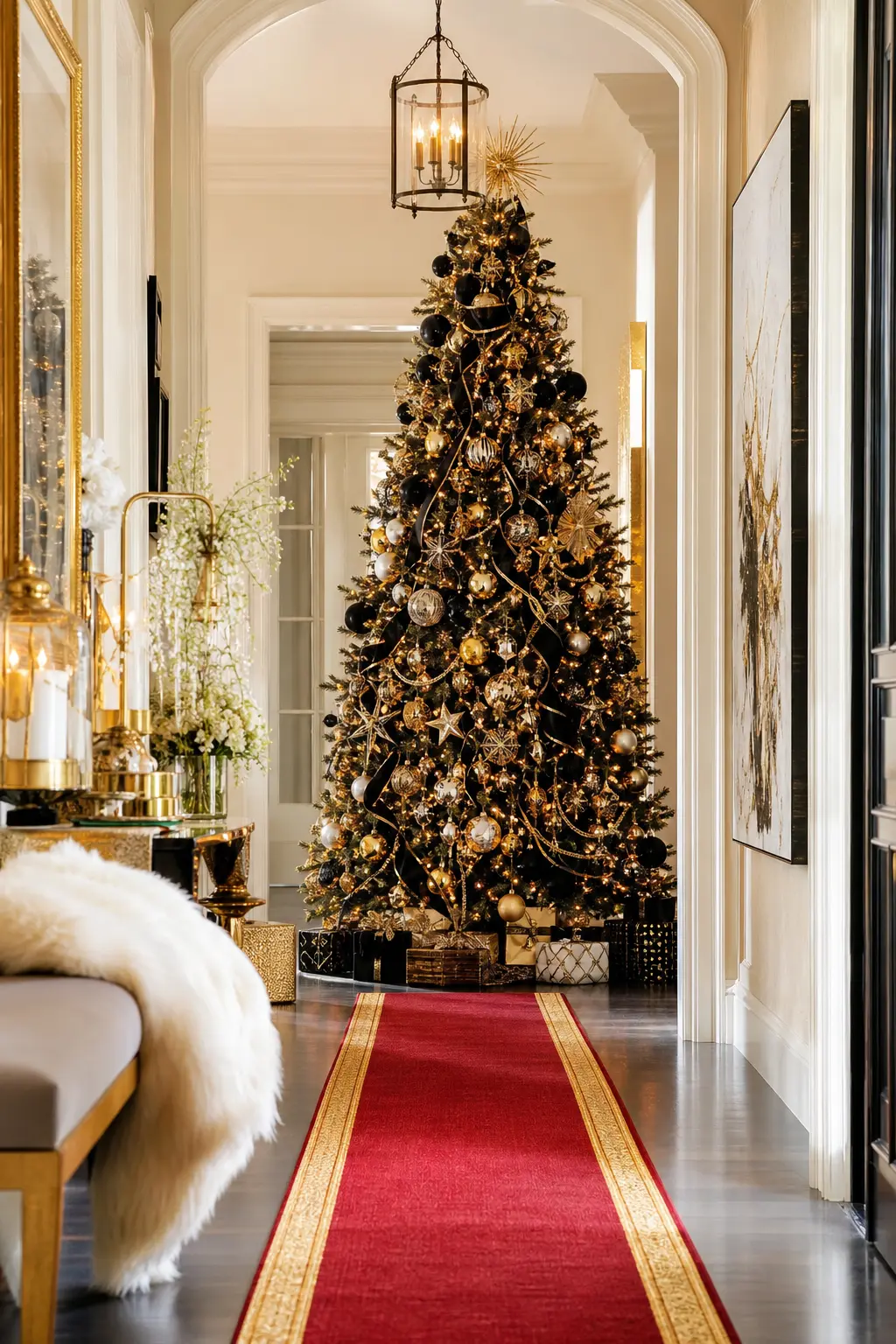 Old Hollywood Red Carpet Christmas — A short strip of carpet down the hallway and a cluster of gold balloons by the front door turn an ordinary entrance into a