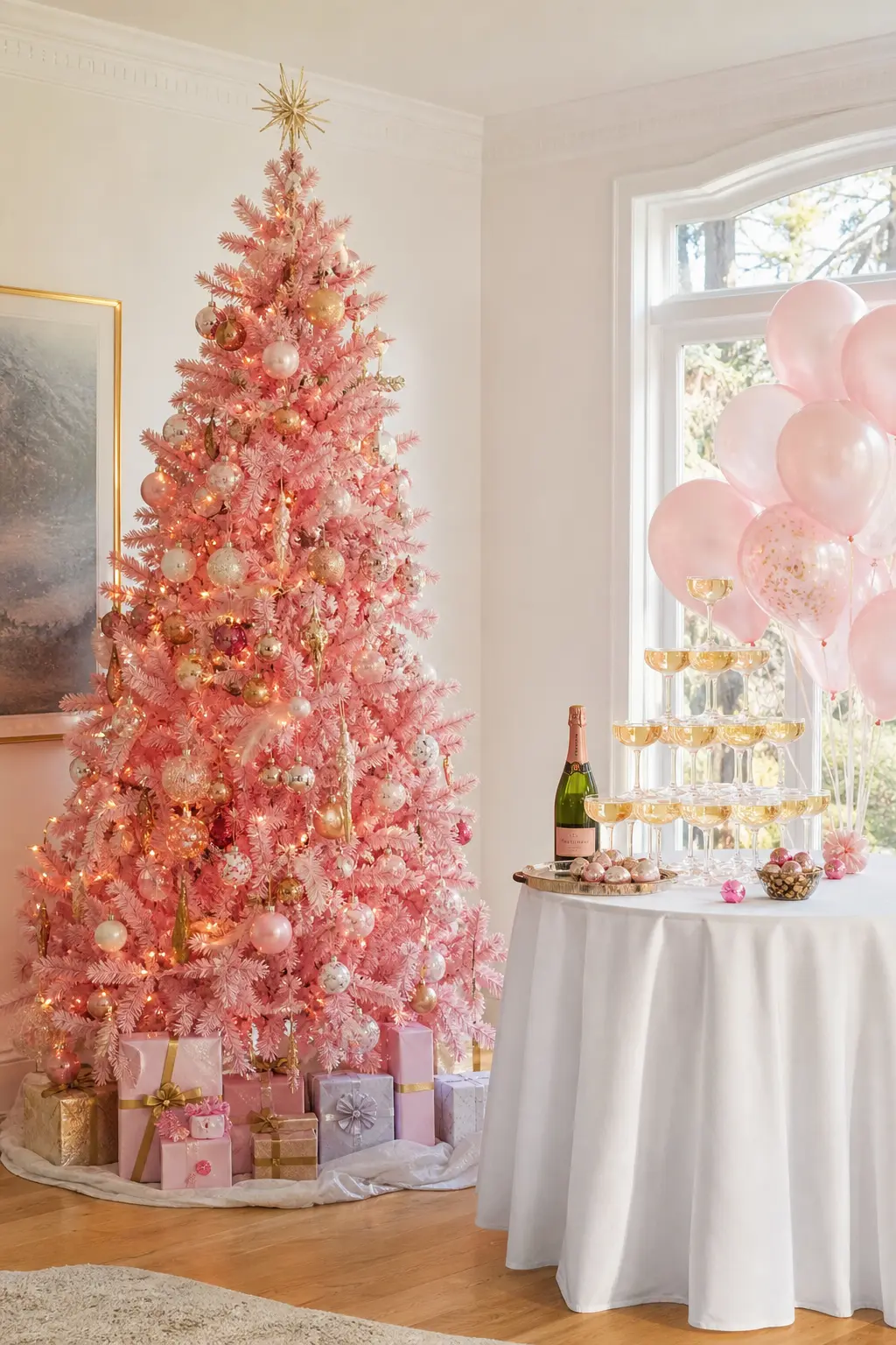 Pink Wonderland Champagne Party — One blush pink tree instead of the usual green makes this theme instantly recognisable from the doorway. Christmas party