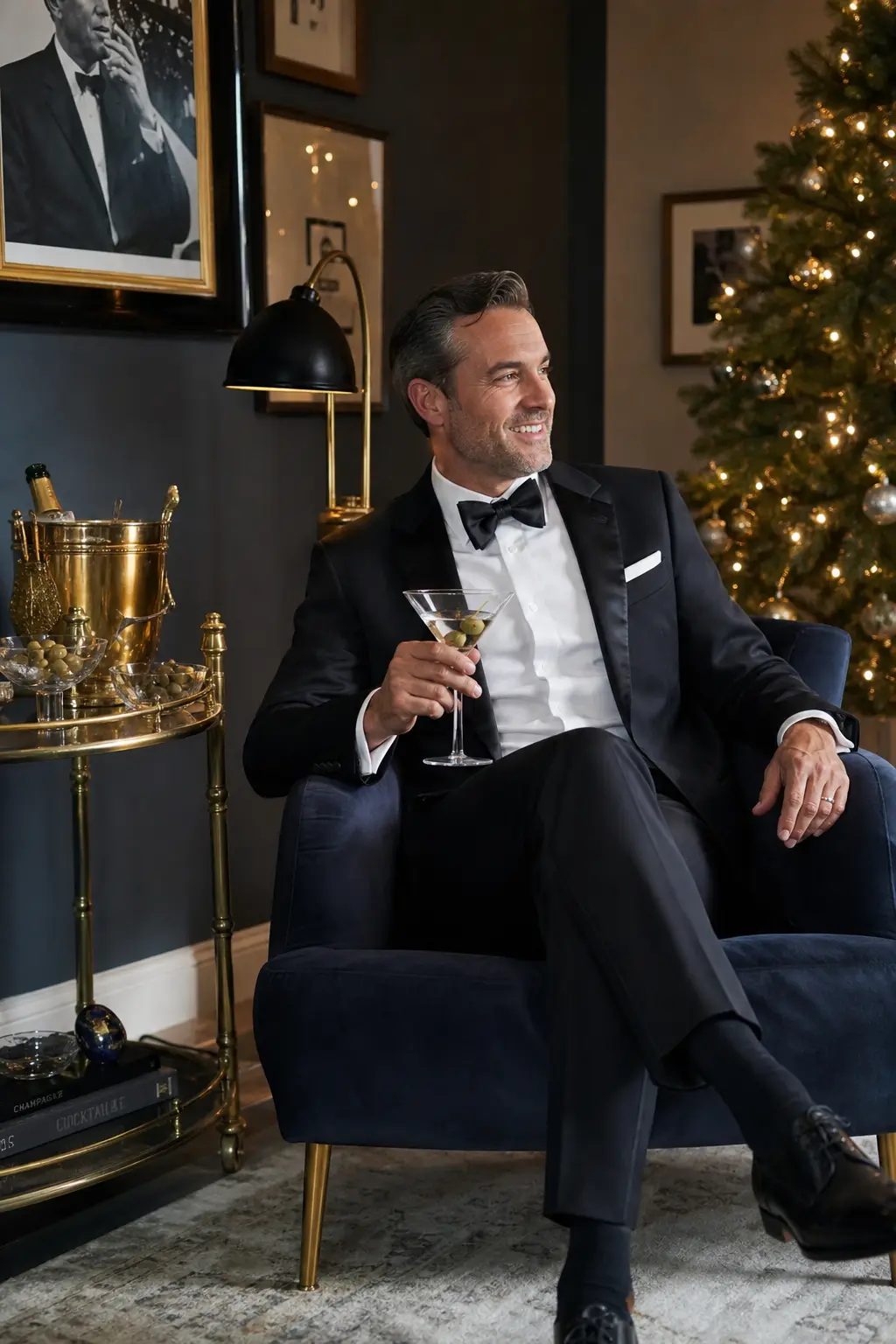 Rat Pack Lounge Christmas — One armchair, one bar cart and a low lamp turn a corner of the living room into a supper club. Christmas party ideas theme