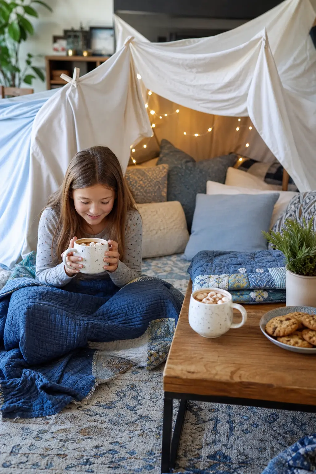Snow Day Blanket Fort Party — A blanket fort built over the sofa with fairy lights strung inside turns grown adults back into children for one evening, with