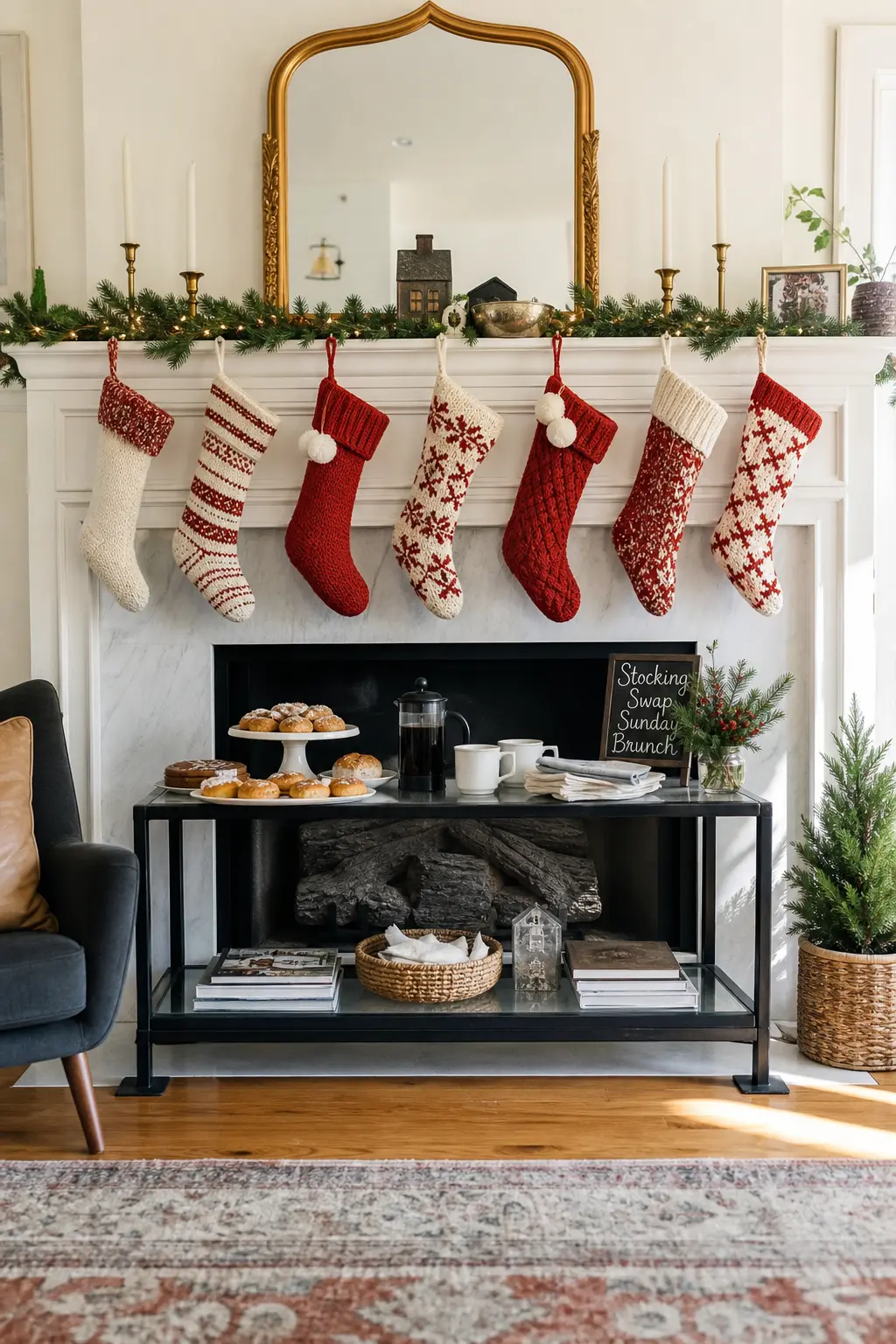 Stocking Swap Sunday Brunch — Everyone brings a stuffed stocking to swap, hung along the mantel until the moment they get handed out. Christmas party ideas