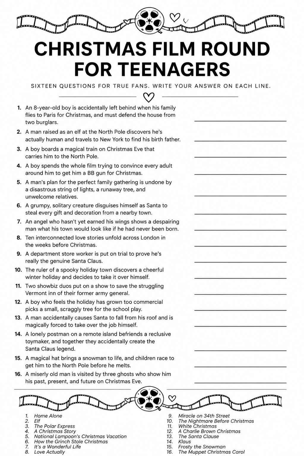 Christmas Film Round for Teenagers printable