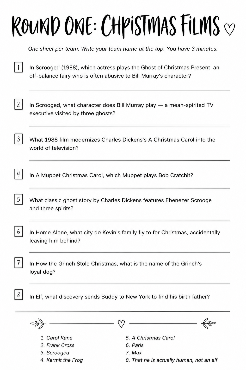 Round One: Christmas Films printable