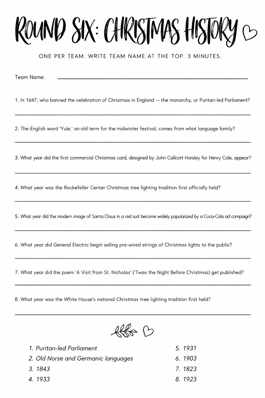 Round Six: Christmas History printable