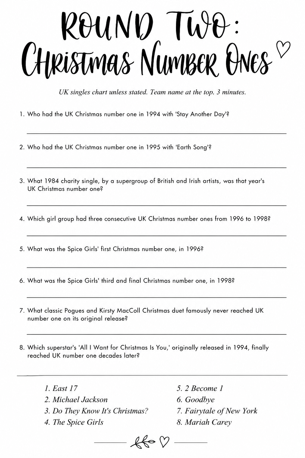 Round Two: Christmas Number Ones printable