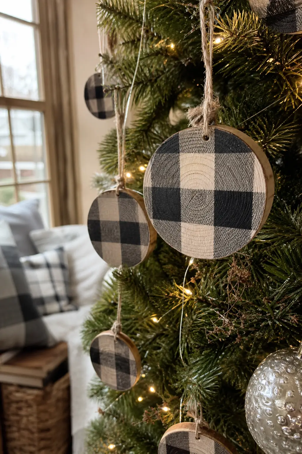 Buffalo Check Stamped Wood Slice Ornaments