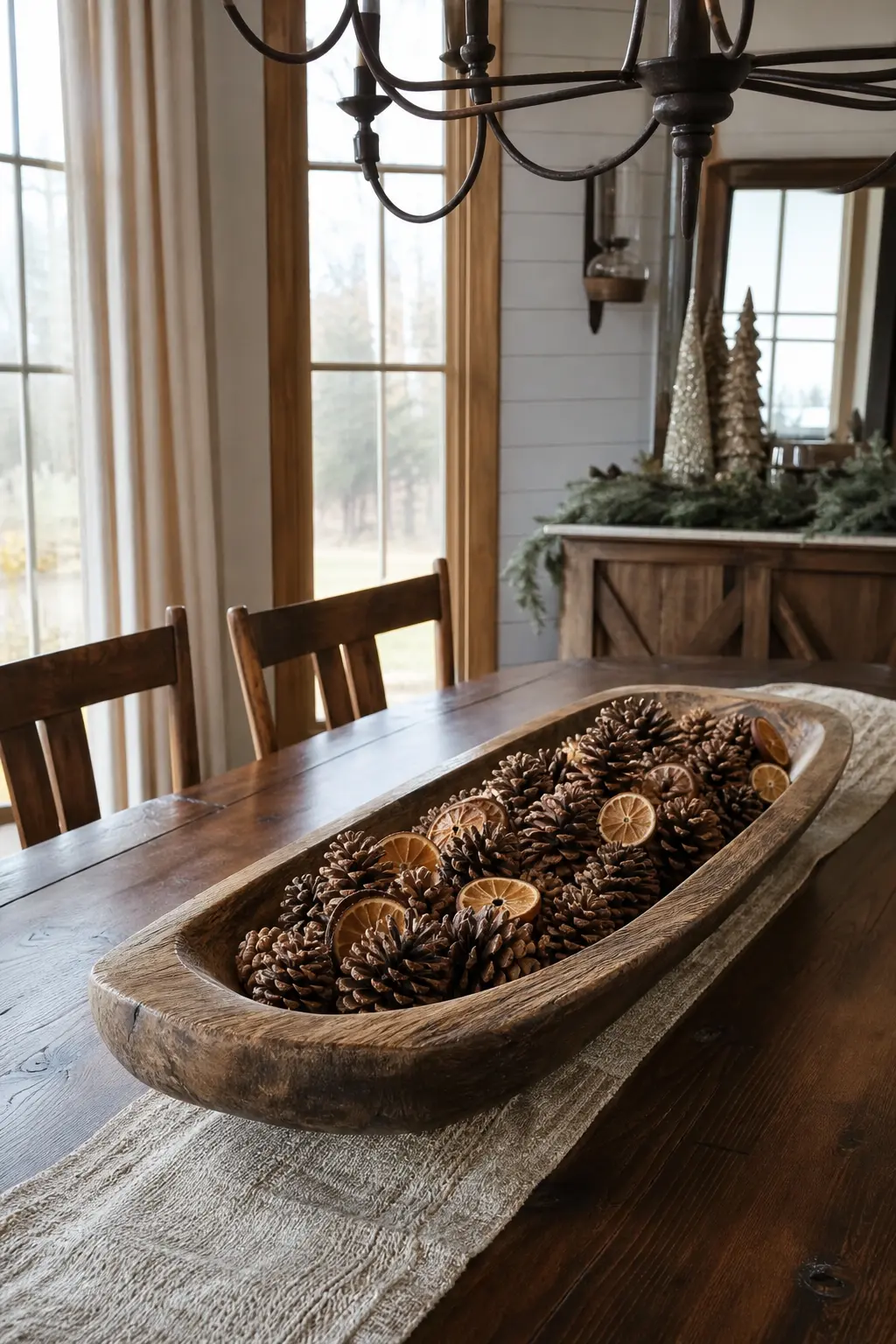 Carved Dough Bowl Tray Filled With Pinecones
